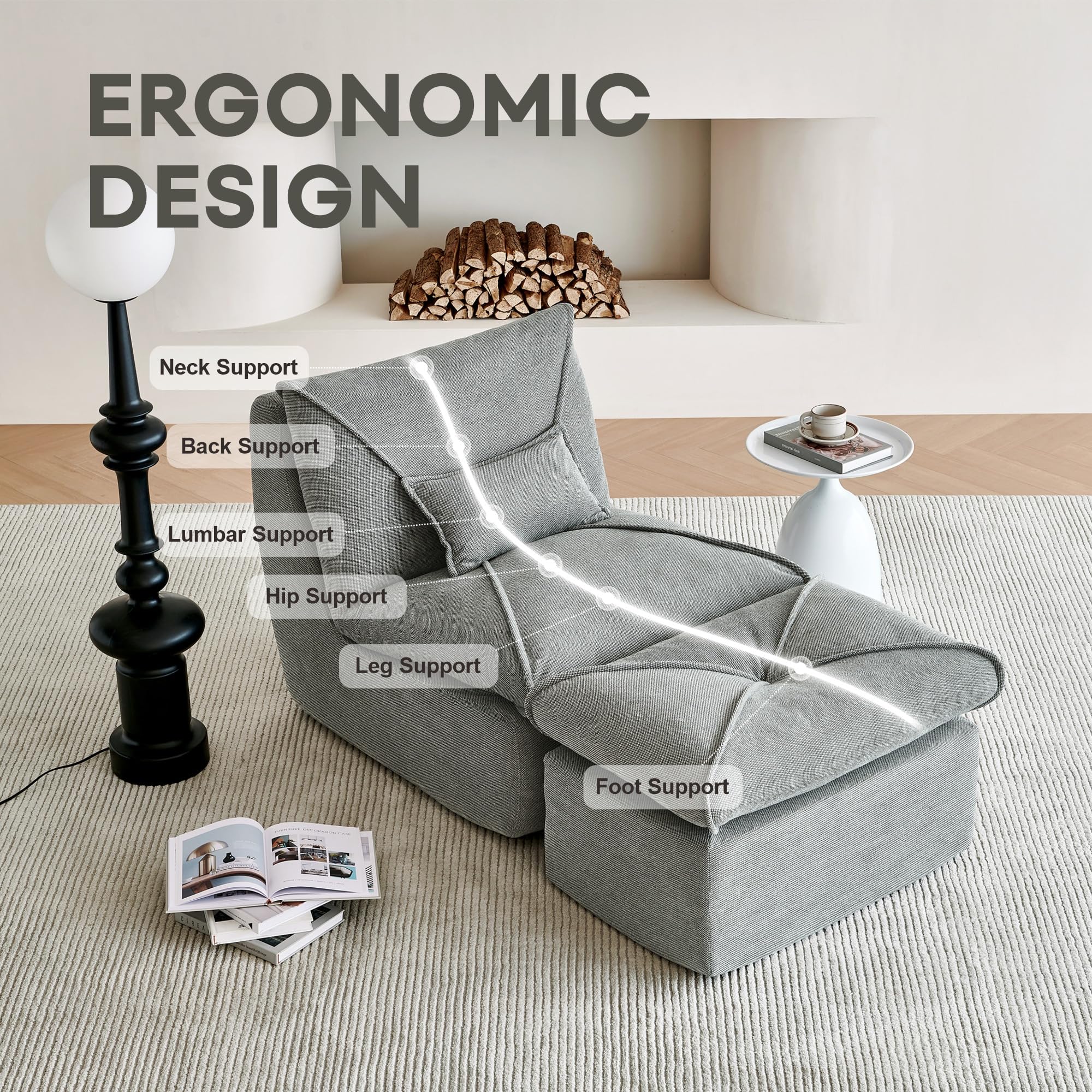 Bean Bag Chairs Comfortable Fireside Chairs High Density Memory Foam Lounge Chair Modern Comfy Chair BeanBag Chairs for Living Room Bedroom Office (Dark Green-Single Chair with Ottoman)