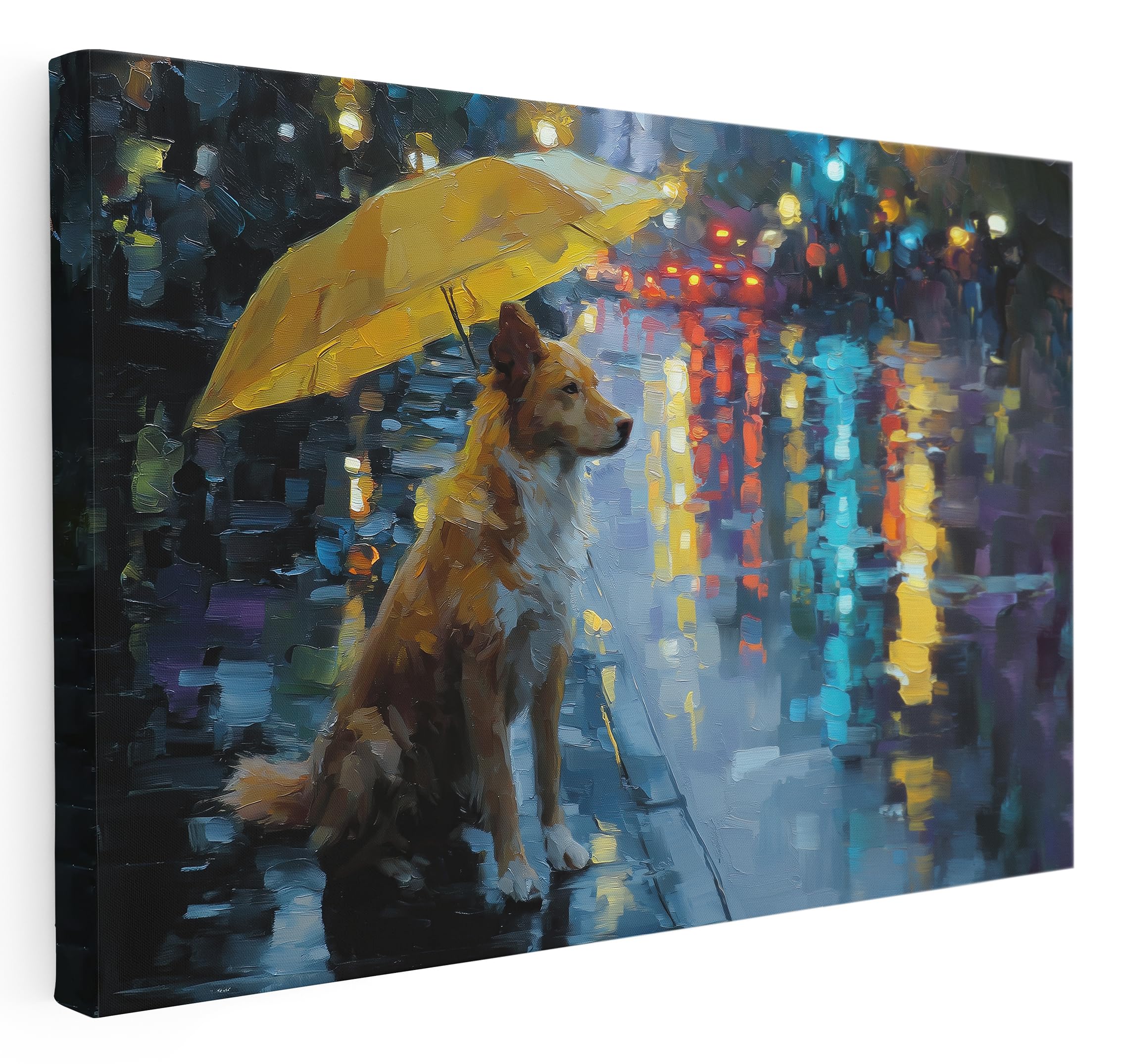 Pastello Rainy Park Dog Canvas Wall Art – Wall Art Print for Living Room, Bedroom, Office, Framed Artwork – Serene Urban Pet Scene Décor (77cm x 51cm / 30x20inch)