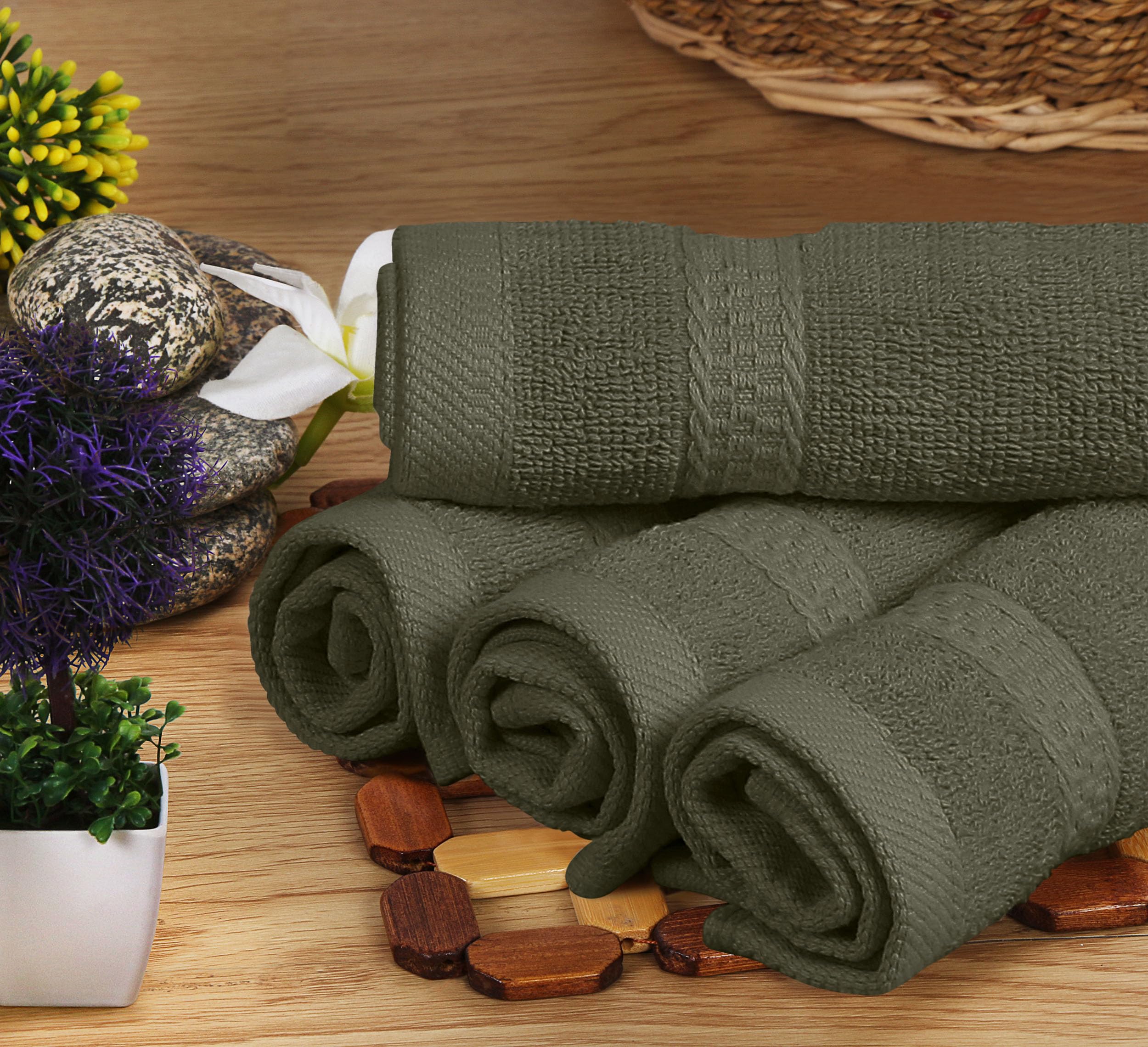 Utopia, Set di 8 asciugamani composto da 2 teli bagno, 2 ospiti e 4 lavette, in 100% cotone filato ad anelli da 600 g/m², altamente assorbenti, per bagno, palestra, hotel e spa (verde oliva opaco)