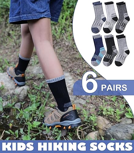 Miniatura 4 de LINEMIN Calcetines de senderismo de lana merino para niños y niñas, cálidos, gruesos, térmicos, acolchados, para invierno, 6 pares