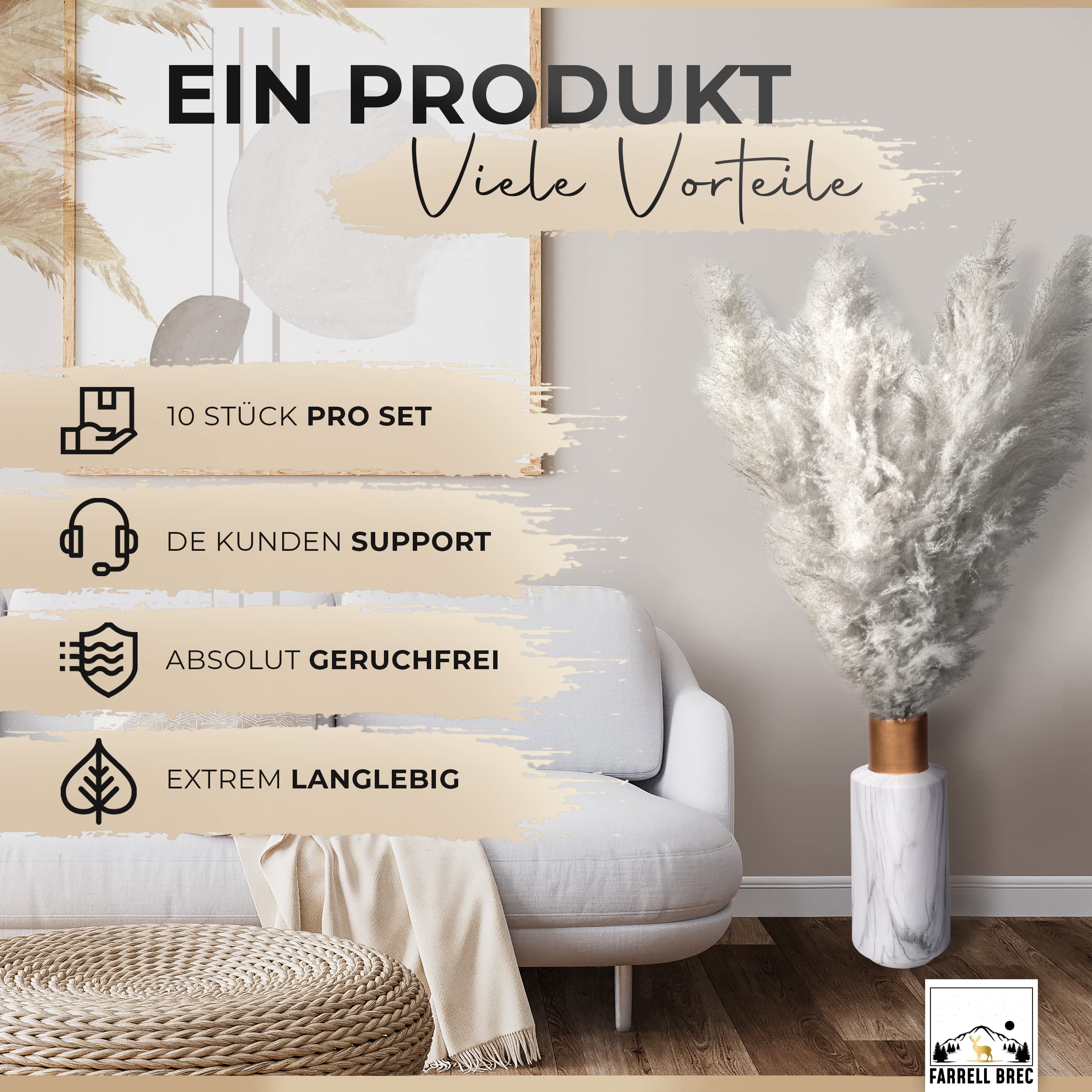 Birkental Pampasgras getrocknet XXL ( DAS ORIGINAL ) - 10 Stück - Pampasgras Deko groß 115 - 120 cm, Trockenblumen Deko , extra fluffig , Boho Wohnzimmer Schlafzimmer Vase Trockenblumenstrauß Vintage
