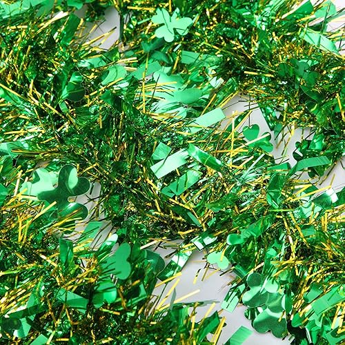 Miniatura 4 de Guirnalda de oropel de trébol verde de 32.8 pies x 4 pulgadas, guirnalda de oropel de trébol irlandés metálico para decoración de árbol colgante de