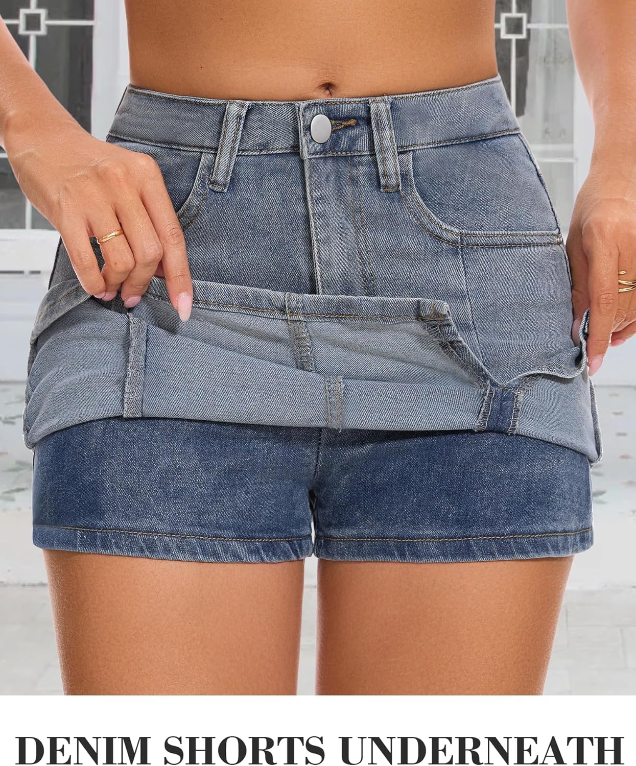 Womens Mini Denim Skirt,Jean Skirt with Shorts Underneath,High Waisted Jean Skirts - Image 2