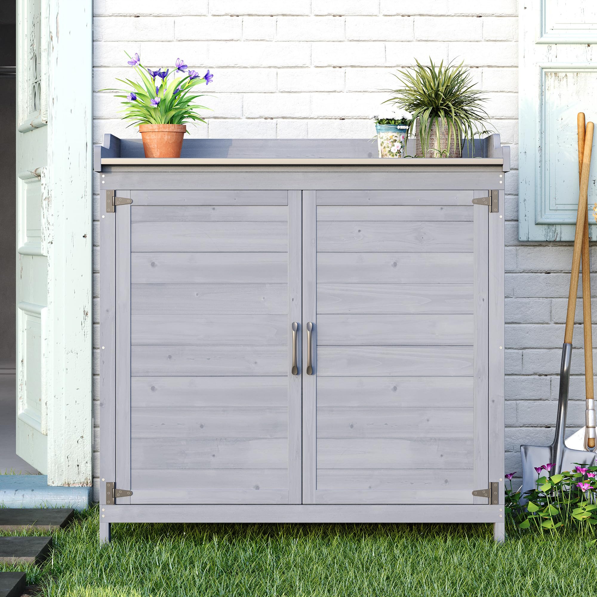 Pflanztisch mit Unterschrank, Gartenschrank mit verzinkter Arbeitsplatte & 2 höhenverstellbaren Einlegeböden, Balkonschrank für Garten, Balkon, Terrasse, 98x48x95cm (Grau)
