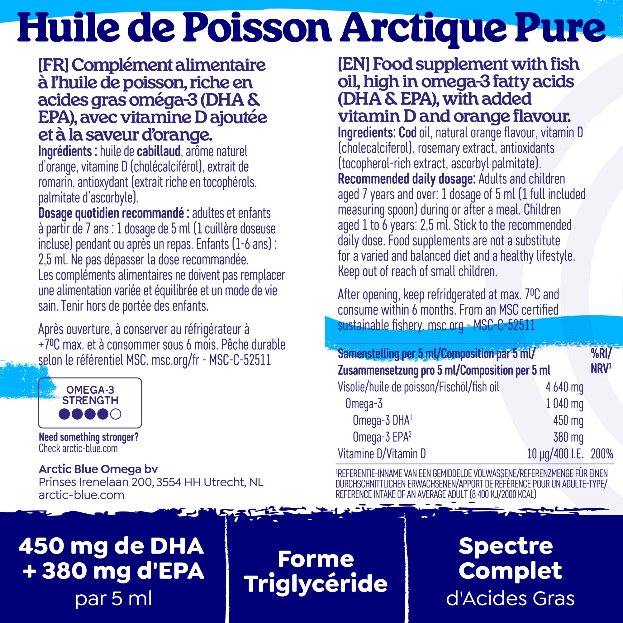 Arctic Blue Oméga-3 Huile de Poisson Liquide 250 ml — 450 mg de DHA + 380 mg d’EPA + 10 µg de Vitamine D3 par 5 ml — Huile de Morue Arctique MSC, Saveur Orange Douce, Pureté Maximale