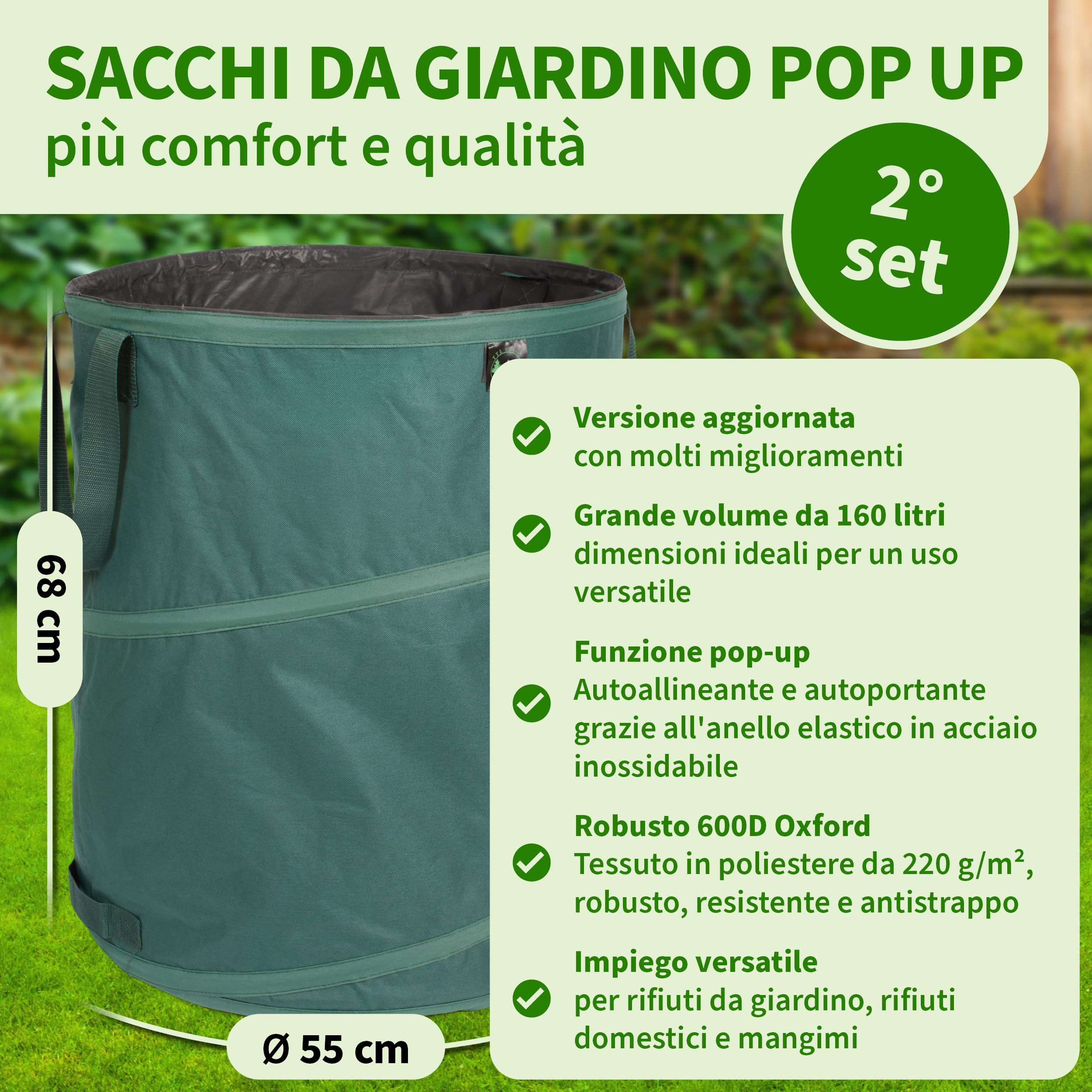 TTL GARDEN 2 sacchi per rifiuti da giardino Pop Up da 160 l, 220 g/m², 600D, Oxford, set da 2 pezzi, 160 litri, pieghevoli, extra stabili, sacco per foglie e contenitori per taglio verde, da giardino
