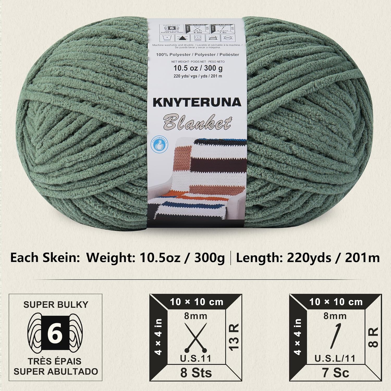 #6 Super Bulky Blanket Yarn for Crocheting - 4 Skeins(Each 10.5oz/300g, 220yds/201m), Chunky Chenille Thick Plush Big Soft Yarn for Crocheting Knitting Blankets, Smoky Green