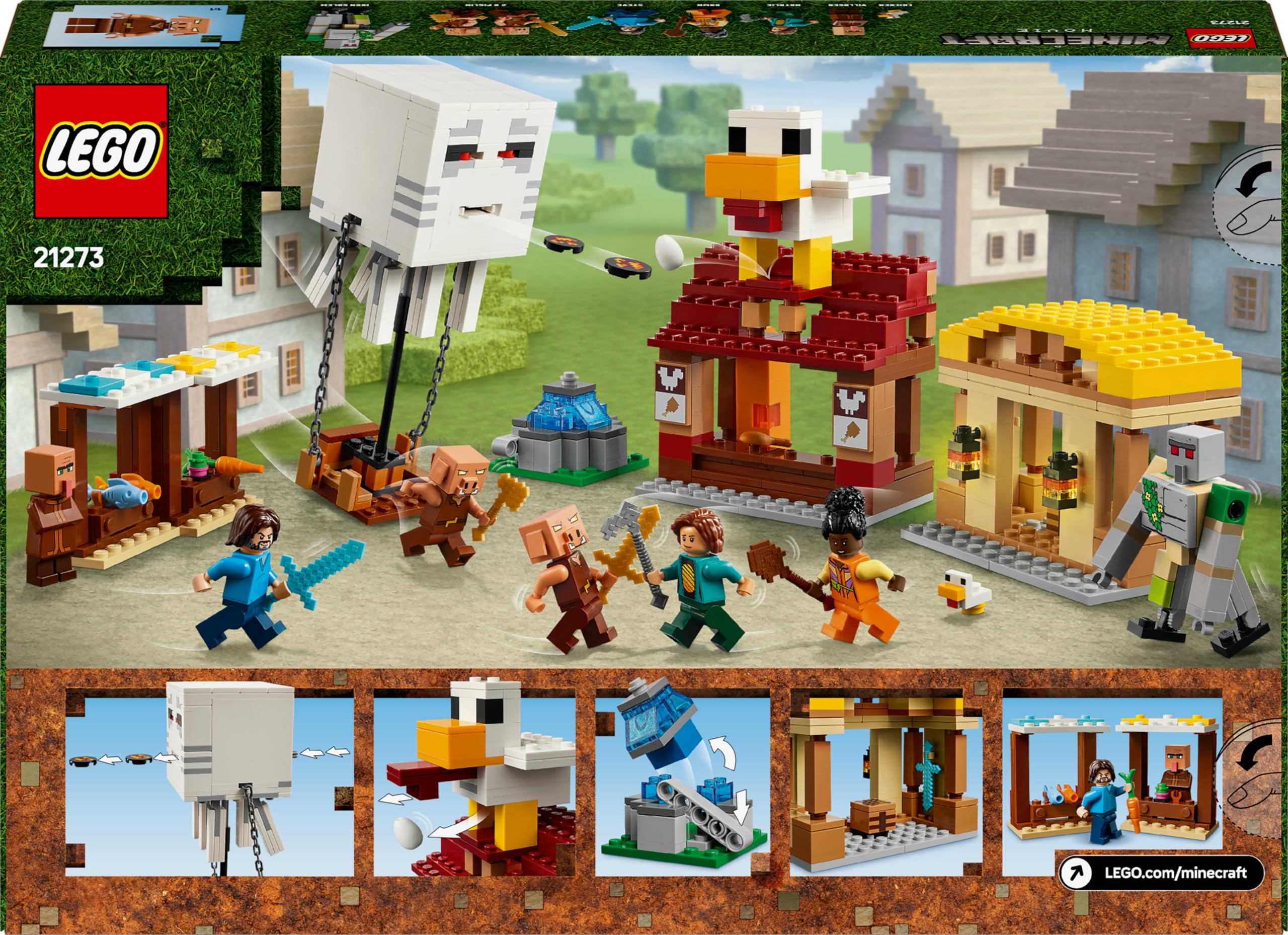 LEGO Minecraft El Ataque a la Aldea del Globo de Ghast - Casa de Steve de Juguete con 4 Minifiguras, Figura de Golem de Hierro y Función Dinamita - Regalo Gamer para Niños y Niñas de 10+ Años 21273