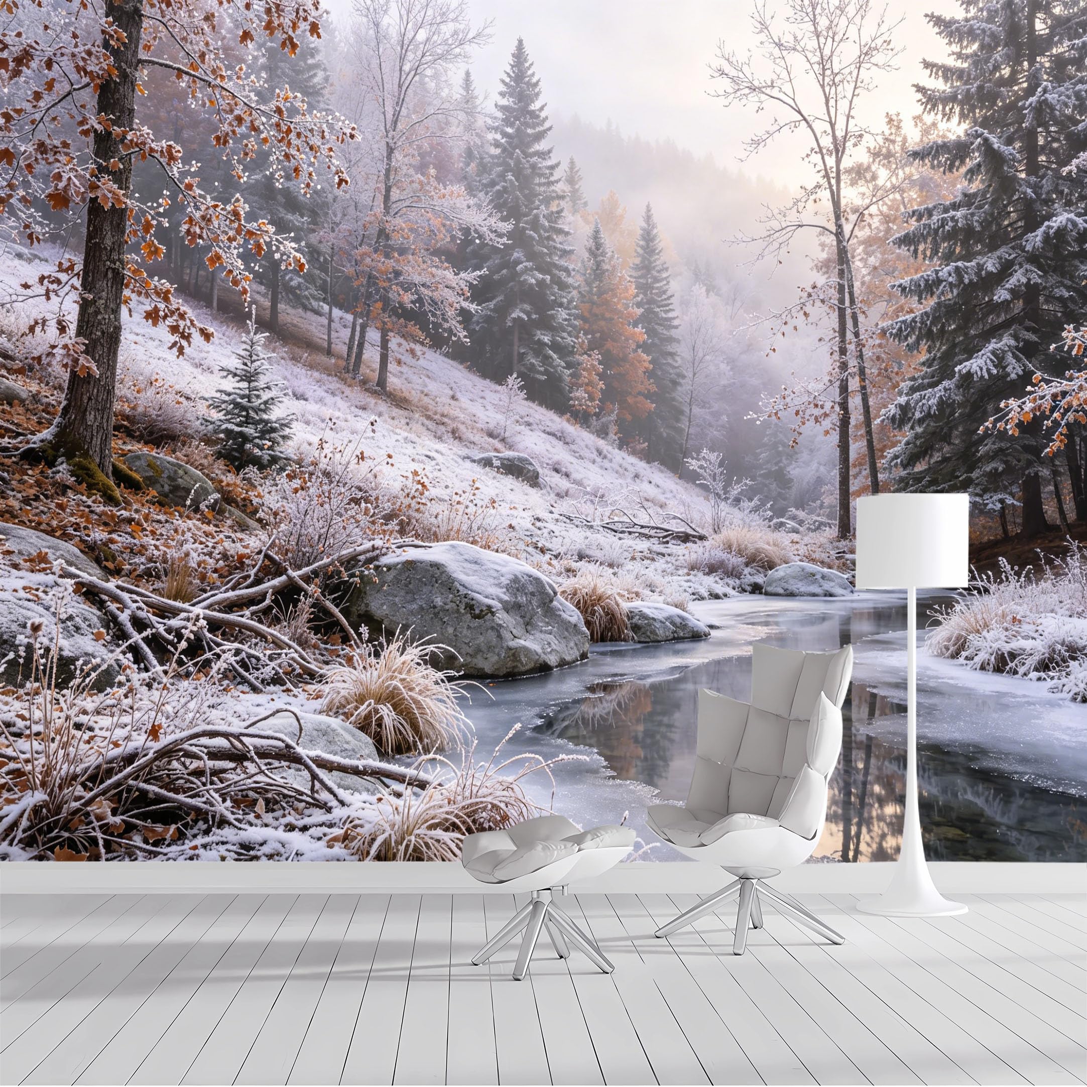 Custom Size Wall Mural Winter Forest Snowy Landscape Frozen River Watercolor SelfAdhesive Wall Fabric Removable Peel and Stick Wallpaper Wall Decor for Living Room Bedroom Bathroom