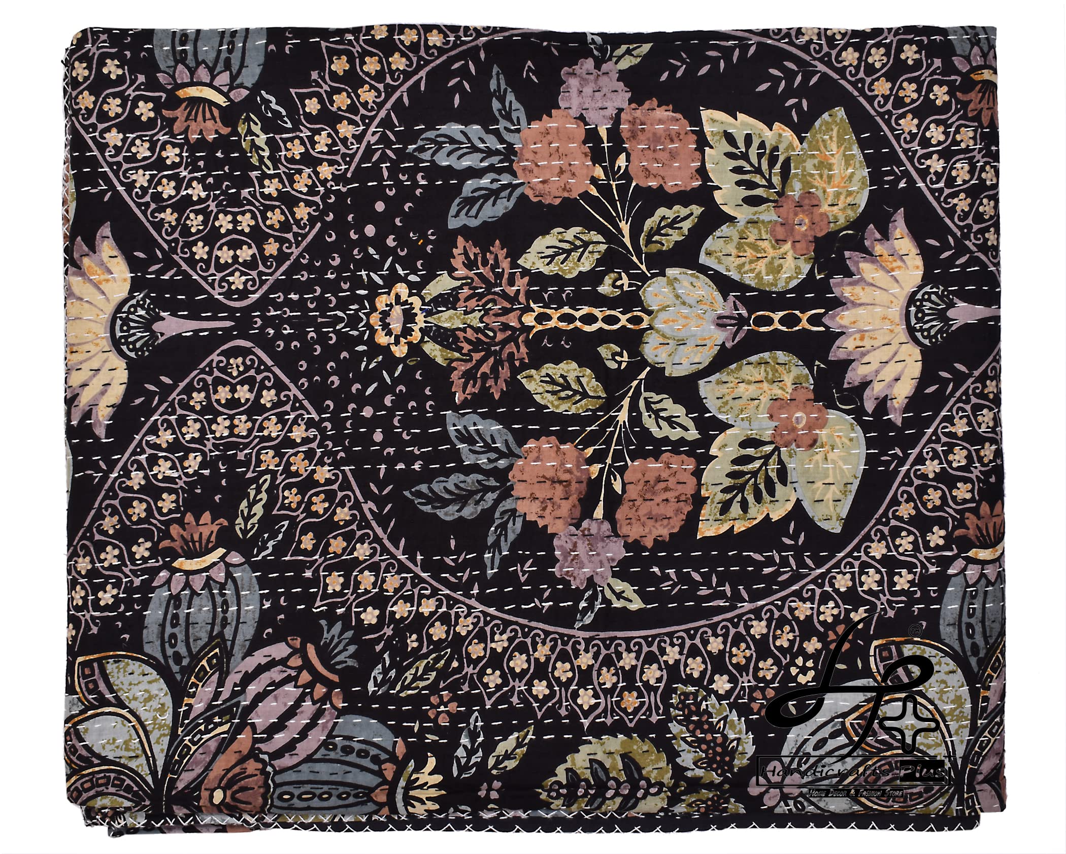 Handicrafts Plus King Size Kantha Quilt Cotton Handmade Bedspread Black Indian Blanket Bohemian Gudari Floral Bedding Throw