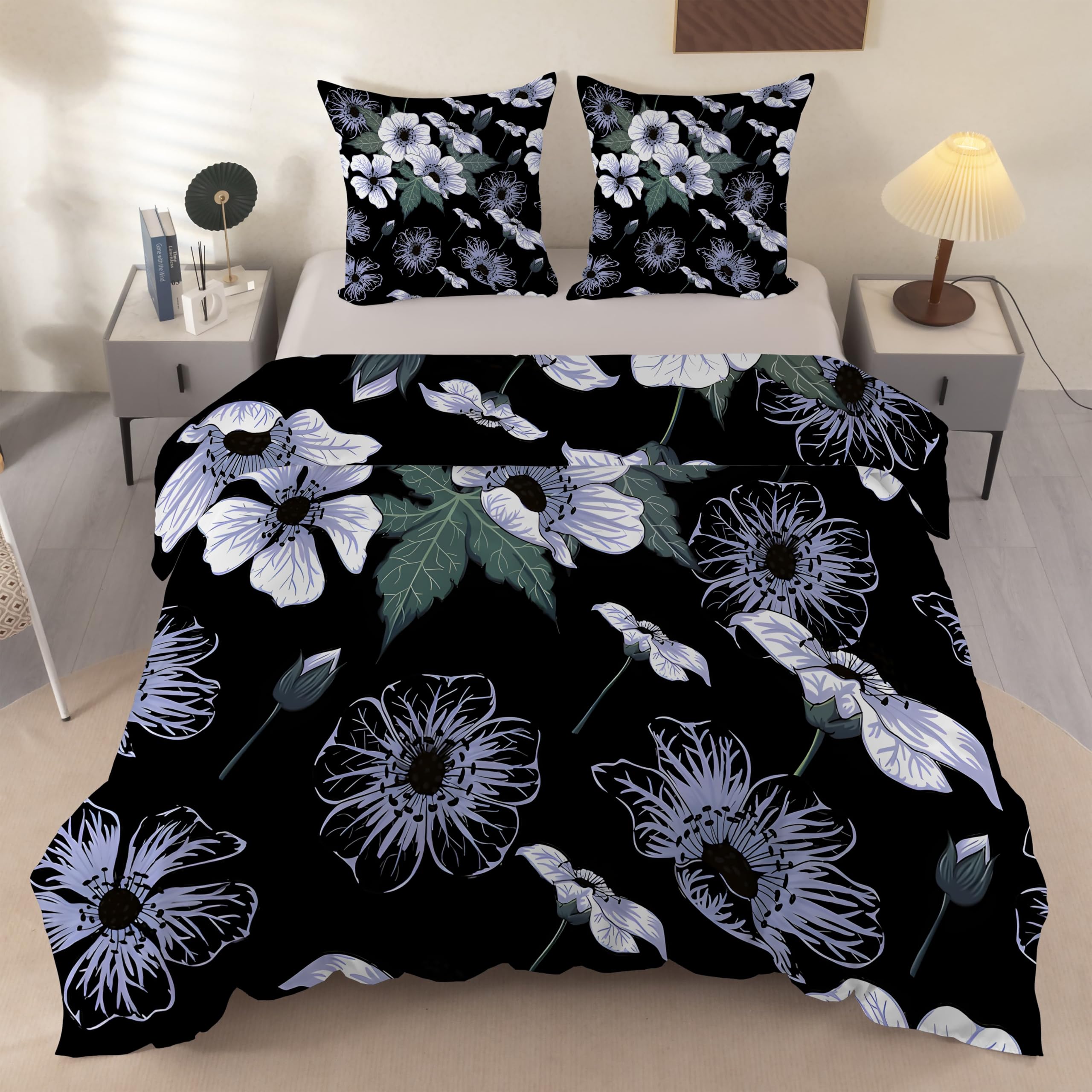 Housse de couette 240x260 fleurs grand lit violet noir microfibre vintage