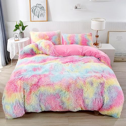 RYNGHIPY Juego de ropa de cama de 3 piezas para niñas, tamaño Queen, ultra suave, largo, de felpa, con fundas de almohada, colorido teñido anudado,