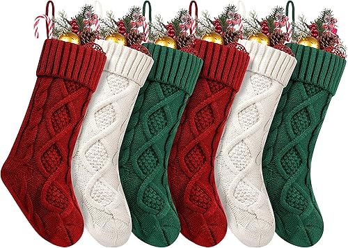 Fesciory Paquete de 6 calcetines de punto trenzado de 18 pulgadas de tamaño grande para regalos y decoraciones para fiestas familiares de Navidad,