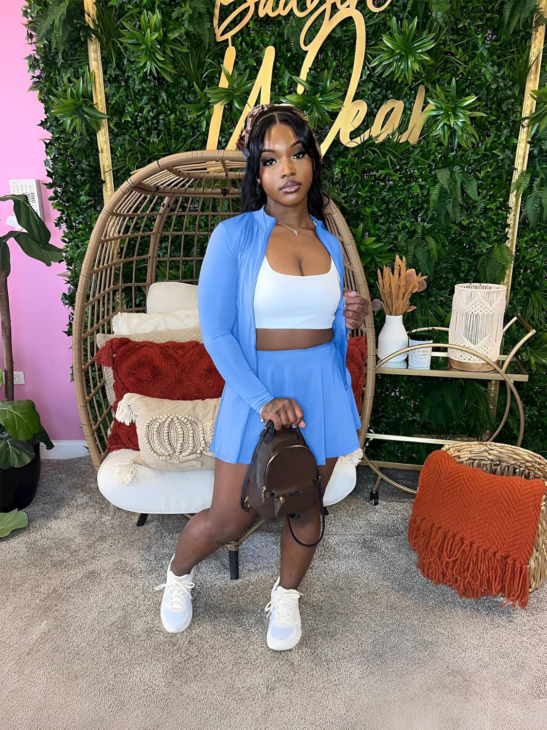 2 Piece Tennis Golf Skorts Skirt Sets for Women with Shorts Long Sleeve Zipper Crop Top Mini Dress - Image 3