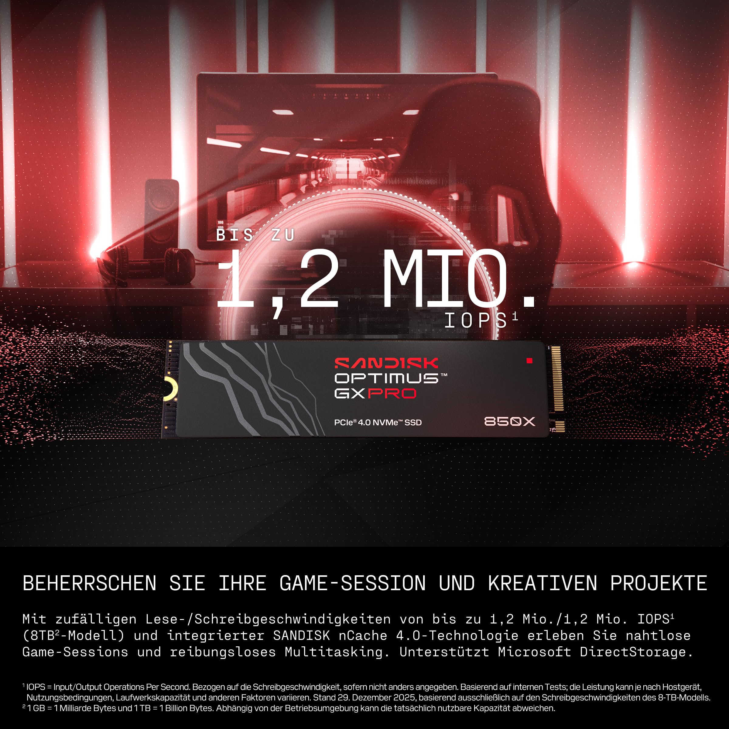 SANDISK Optimus GX PRO 850X NVMe SSD 1 TB (bis zu 7.300/6.300 MB/s sequentielles Lesen/Schreiben, M.2 2280, PCIe 4.0) Gaming-Speichererweiterung, leistungsstarke interne SSD