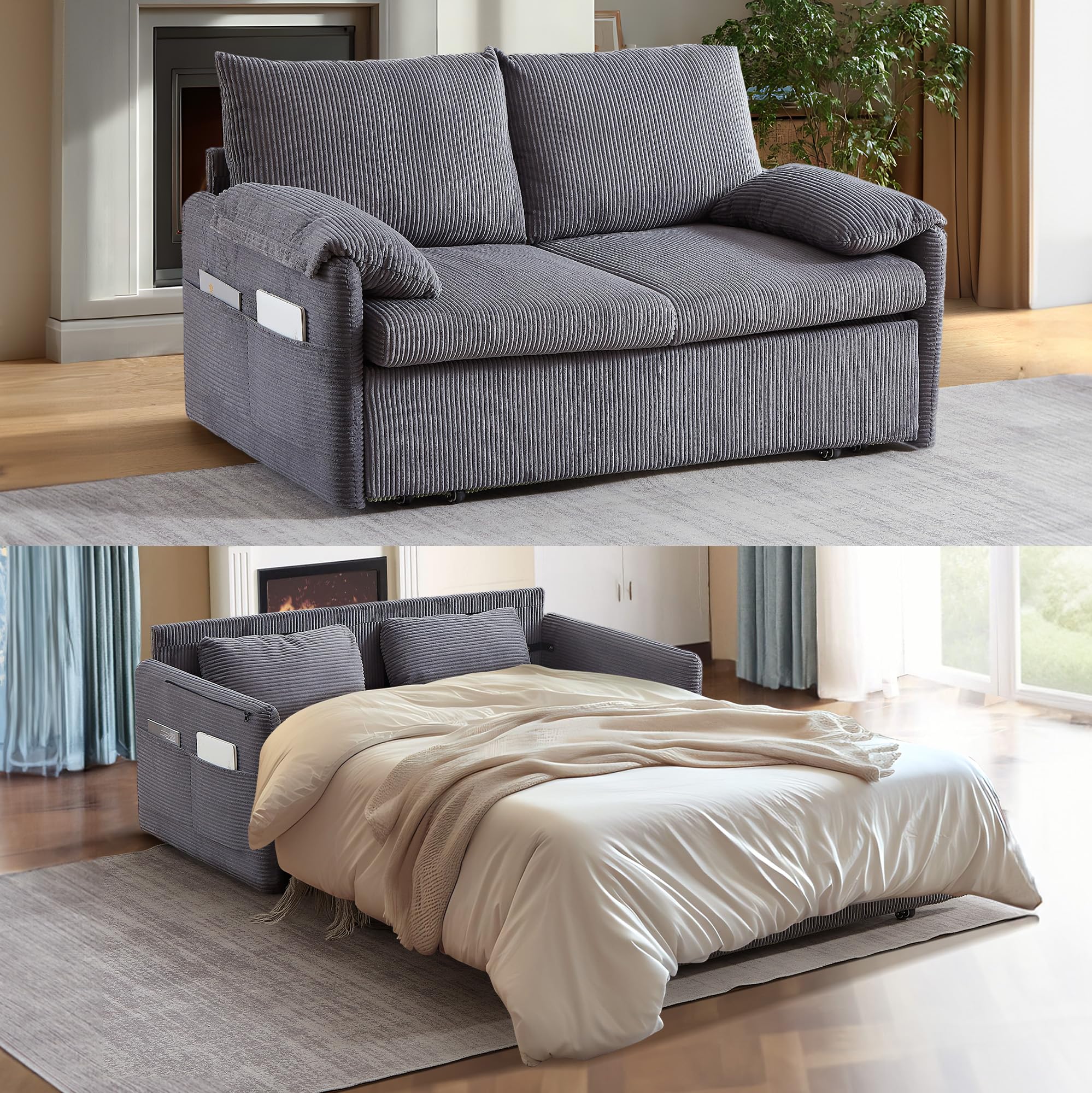 CAPCAEK Queen Size Pull Out Couch Sleeper Sofa Bed, 3-in-1 Convertible Futon Couch for Living Room with Storage Pockets & Arm Pillows, Modern Corduroy