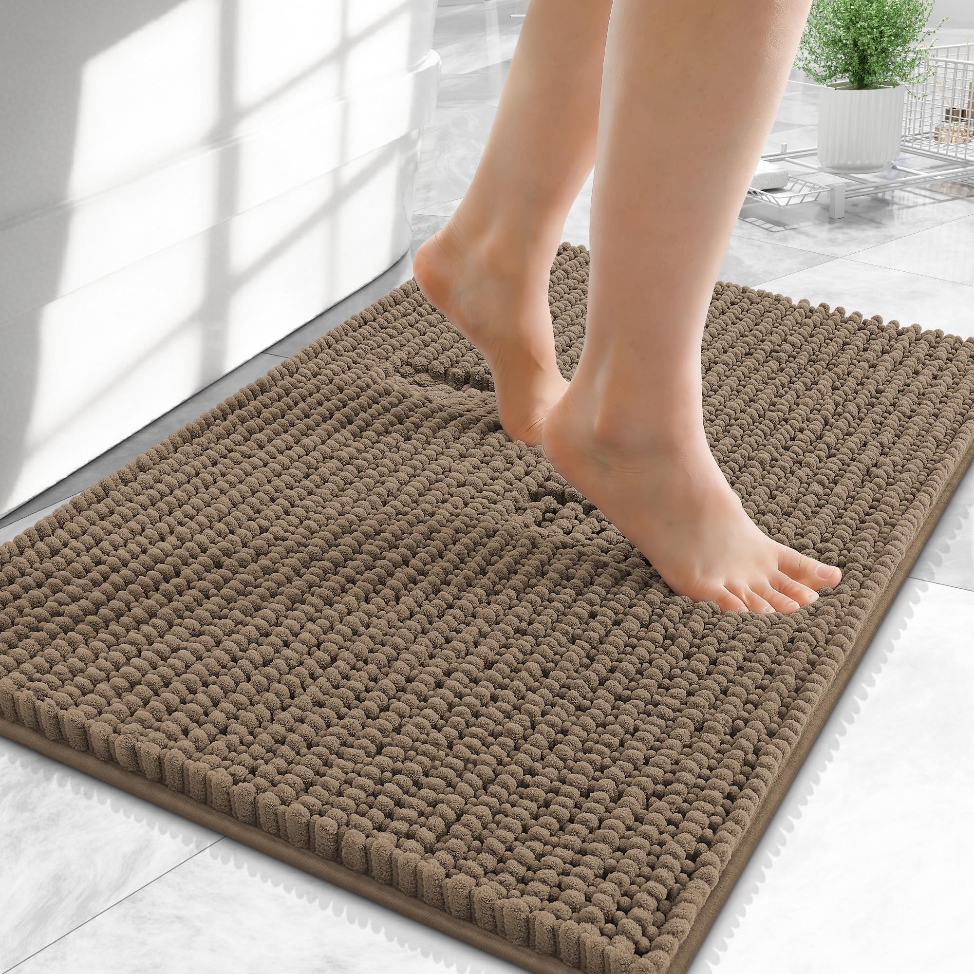 OLANLY Thick Chenille Small Bathroom Rugs 24x16, Absorbent Bath Mat, Tan