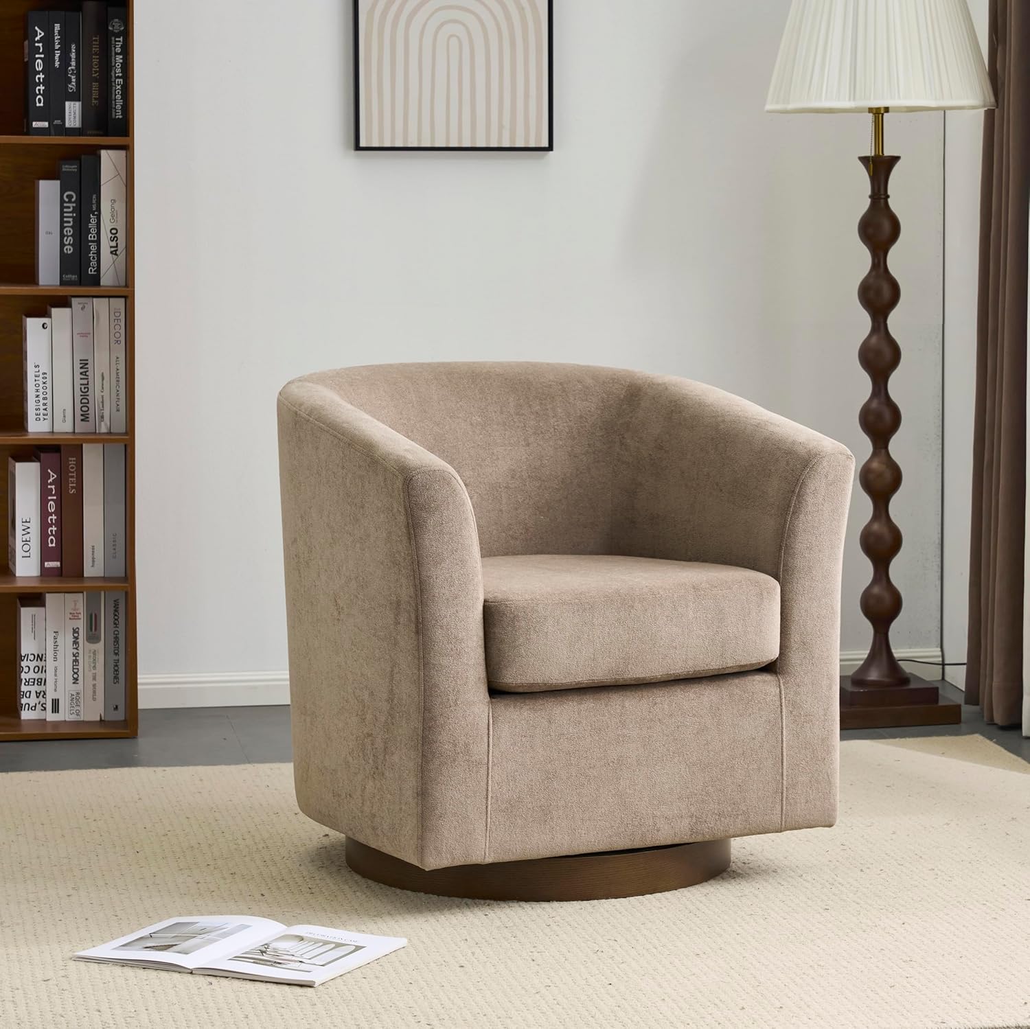 Christopher Knight Home Coles 360° Velvet Swivel Accent Chair, Living Room Barrel Swivel Chair with Iron Frame, Wooden Velvet Club Chair with Rotation, No Assembly Required, Light Brown+Walnut