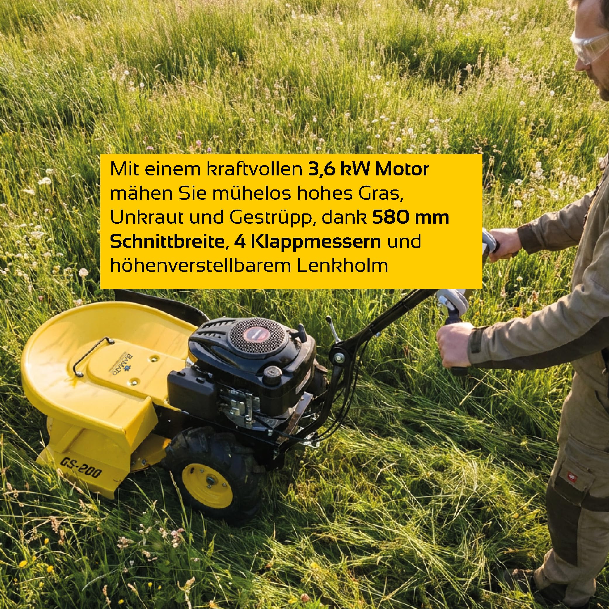 BAMATO Hochgrasschneider GS-200 Kreiselmäher Benzin | Kraftvoller LONCIN Motor mit Radantrieb | 4 Klingen | 580 mm Schnittbreite