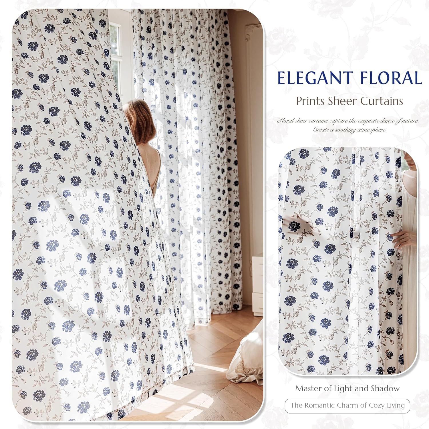 Beauoop Floral Sheer Curtains 96 Inches Long 2 Panels for Bedroom Living Room Blue Brown Flower Patterned Vintage Rose Light Filtering Silk-Like Rod Pocket Semi Voile Window Drapes, 52X96 2 Set