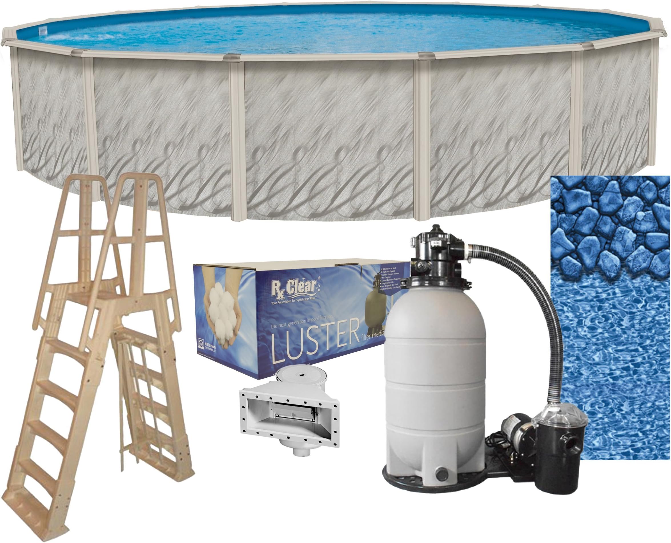 Meadows 24-Foot-by-52-Inch Round Above-Ground Swimming Pool Complete Bundle Kit | Boulder Swirl Pattern Overlap Liner | A-Frame Ladder System | Sand Filter System with Pump | Skimmer