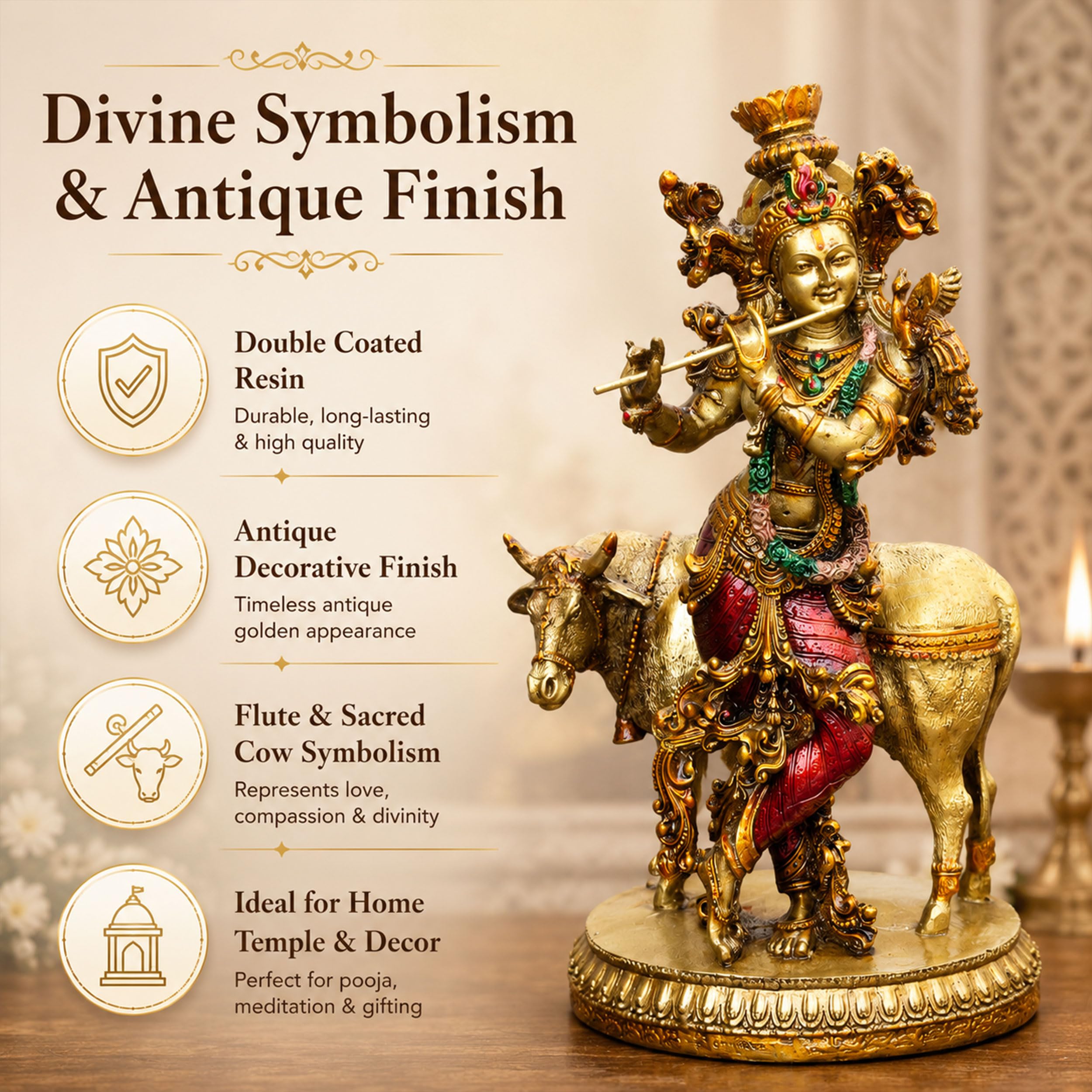 Govinda Gopala Statue, Lord Krishna and Cow Idol Showpiece, 10 Inch Double Coated Resin Antique Decorative Murti for Home Temple, Pooja Room & Gift — photo — 2 of 8