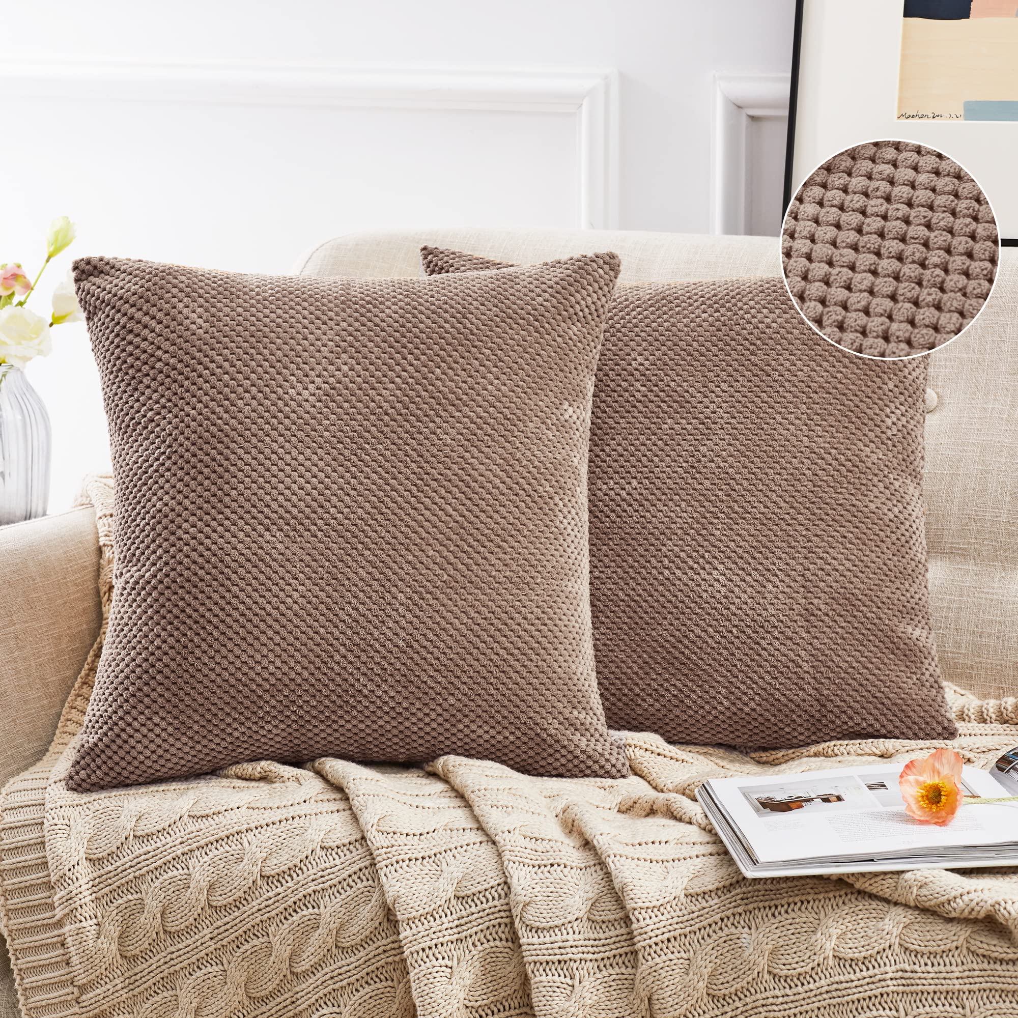 Deconovo Coffee Set Of 2 Corduroy Cushion Covers 45 X 45 Cm, Square Soft Granule Throw Pillow Covers For Couch Bed Sofa Living Room With Invisible Zipper, 18X18 Inch,