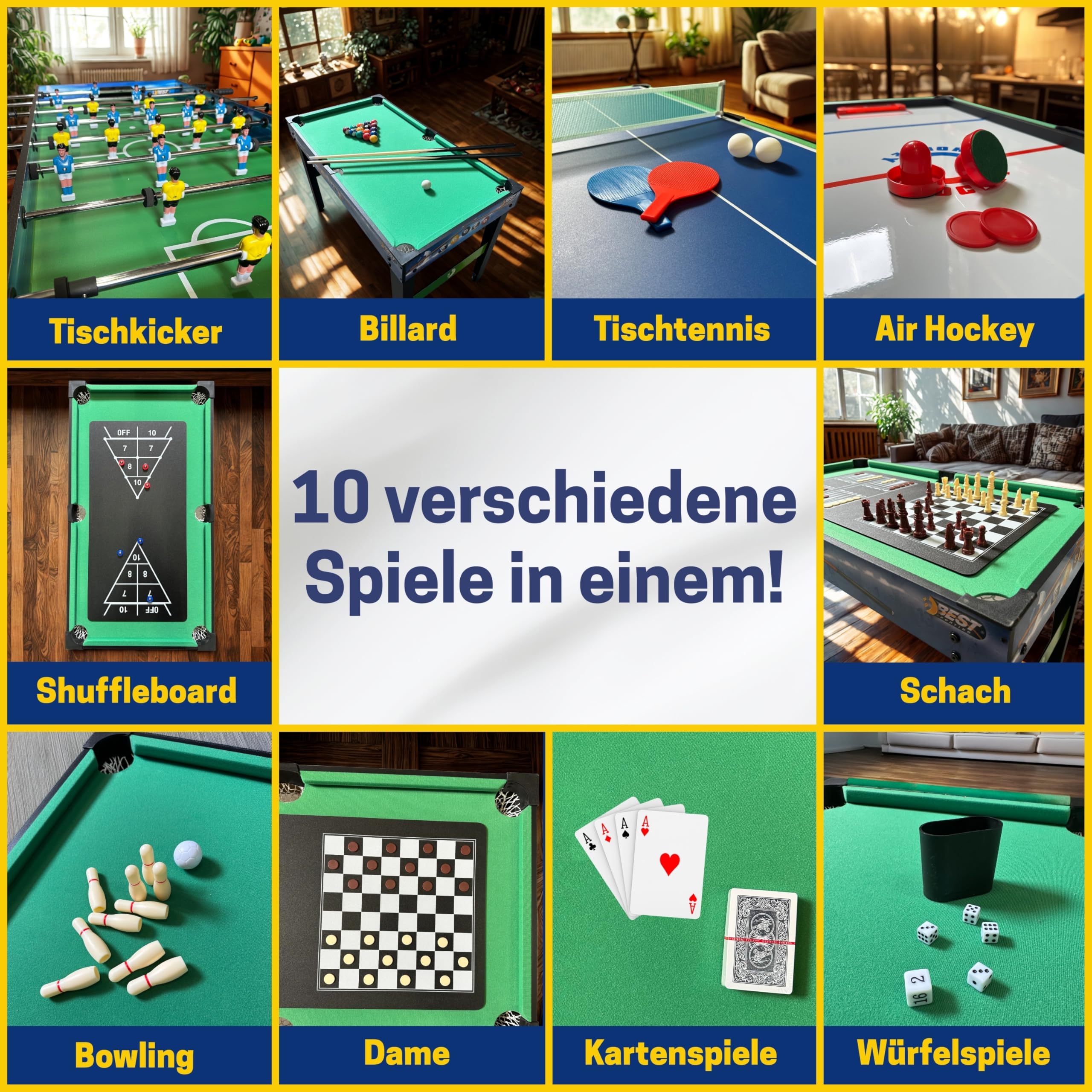 Best Sporting 10 in 1 Tischkicker, Spieltisch, Multifunktionstisch für Kinder & Erwachsene - inkl. Air Hockey, Tischtennis, Billardtisch, Tischfußball, Shuffleboard, Schach & Zubehör