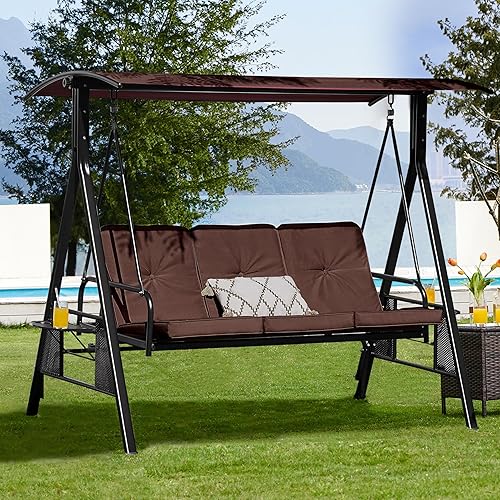 Miniatura 2 de Yaheetech Silla de columpio para exteriores de 3 asientos, columpio de estructura de acero resistente a la intemperie para jardín, piscina, balcón,