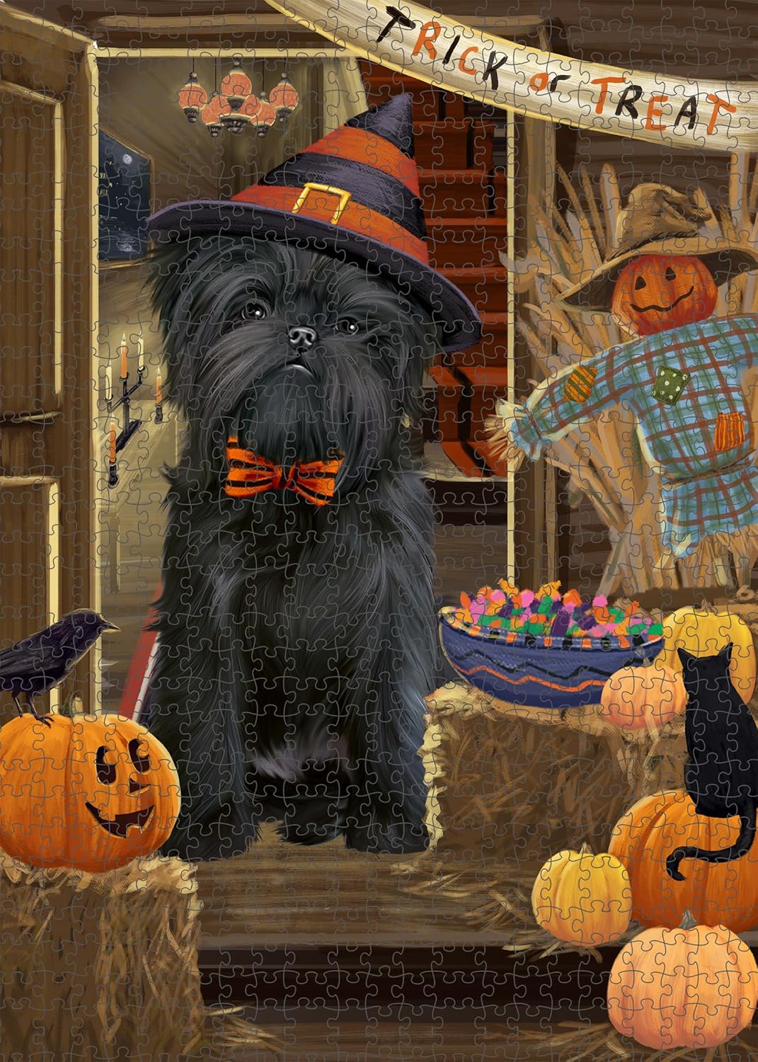 Enter at Your Own Risk Trick or Treat Halloween Affenpinscher Dog - Interlocking Jigsaw Puzzle - Canine Christmas Challenging Puzzles Games for Group Adults, 500 Pieces 20.5"x15"