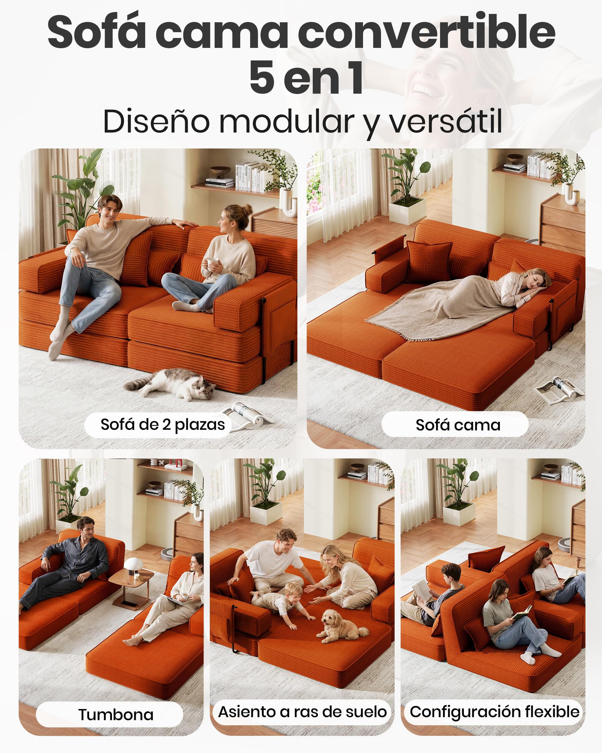 190cm Sofá Cama 2-3 Plazas con Espuma, Modular 5 en 1, Naranja | Versátil Sofá Cama de Pana con Asiento Profundo, Sofá de Suelo para Apartamento, Apto para Mascotas y Ergonómico