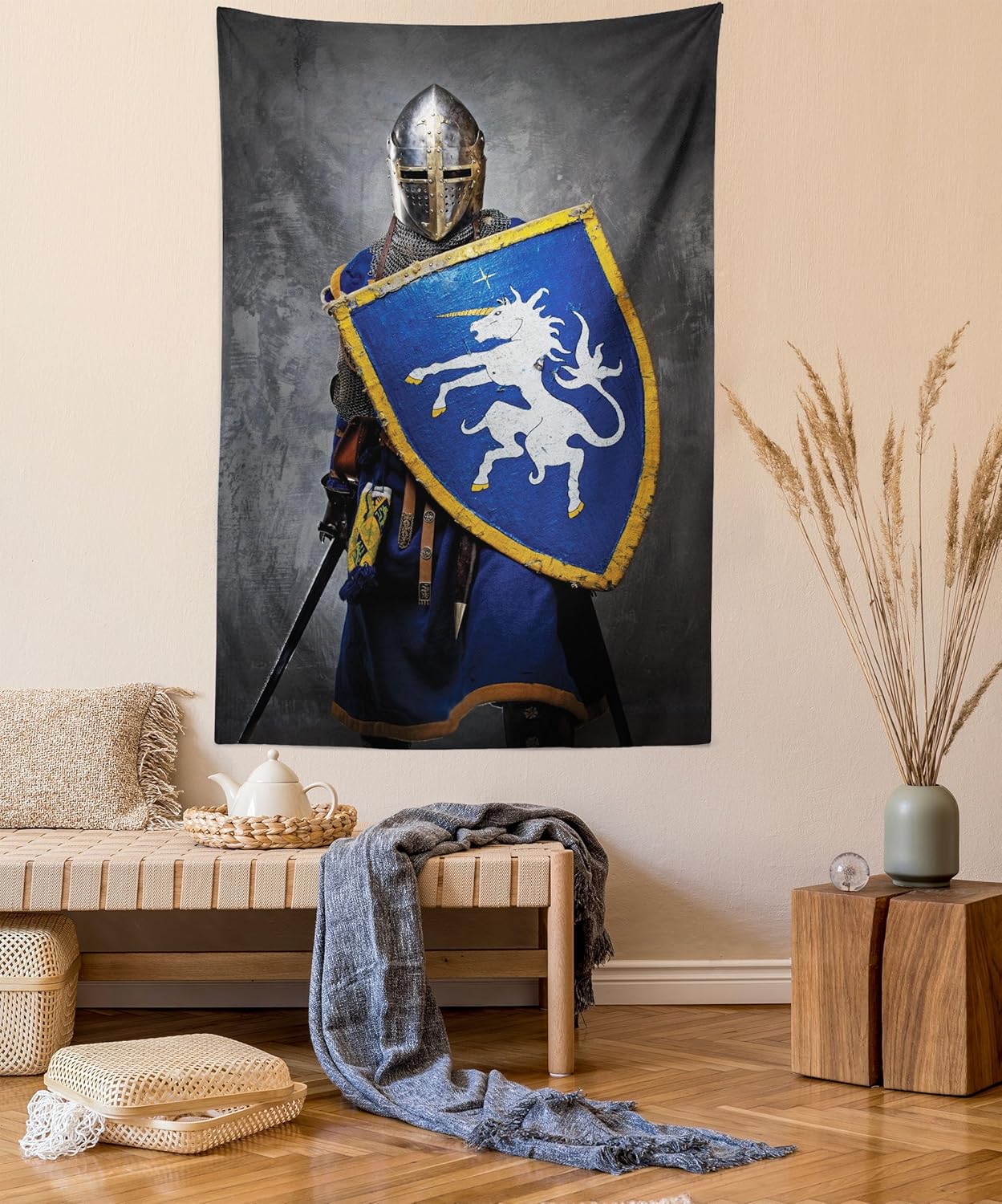 Lunarable Medieval Tapestry Twin Size, Medieval Knight Holding an Aged Old Shield Historical Theme Digital Print, Wall Hanging Bedspread Bed Cover Wall Decor, Twin Size, Blue Grey