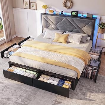 EnHomee Queen Bed Frame with 6 Storage Drawers, Charging Station