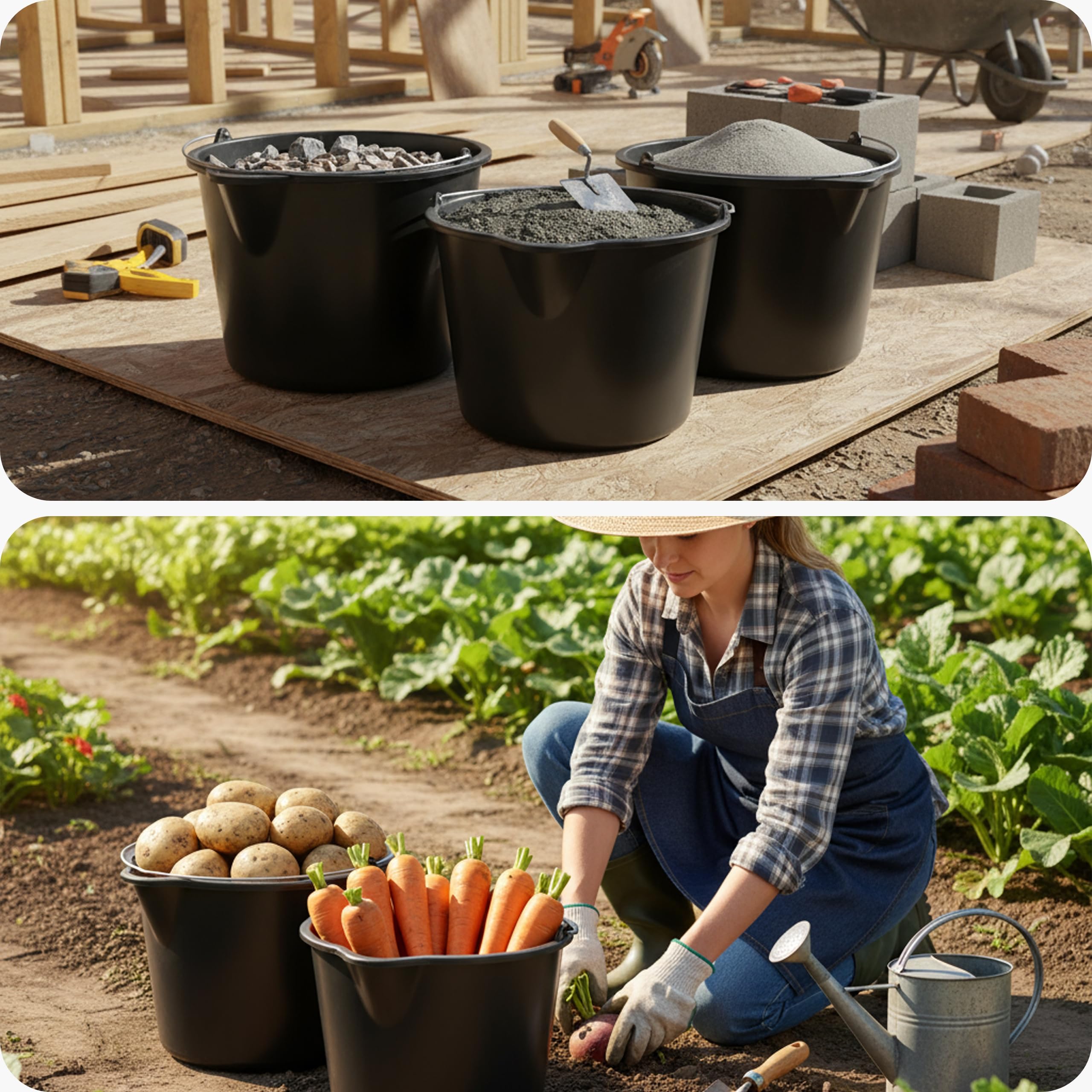 Garronda Seau verseur plastique recyclé Noir 15 L avec bec verseur Lot de 2 avec anse métallique rivetée, échelle graduée, bord renforcé, empilable, usage chantier jardin maison, seau GD-0168