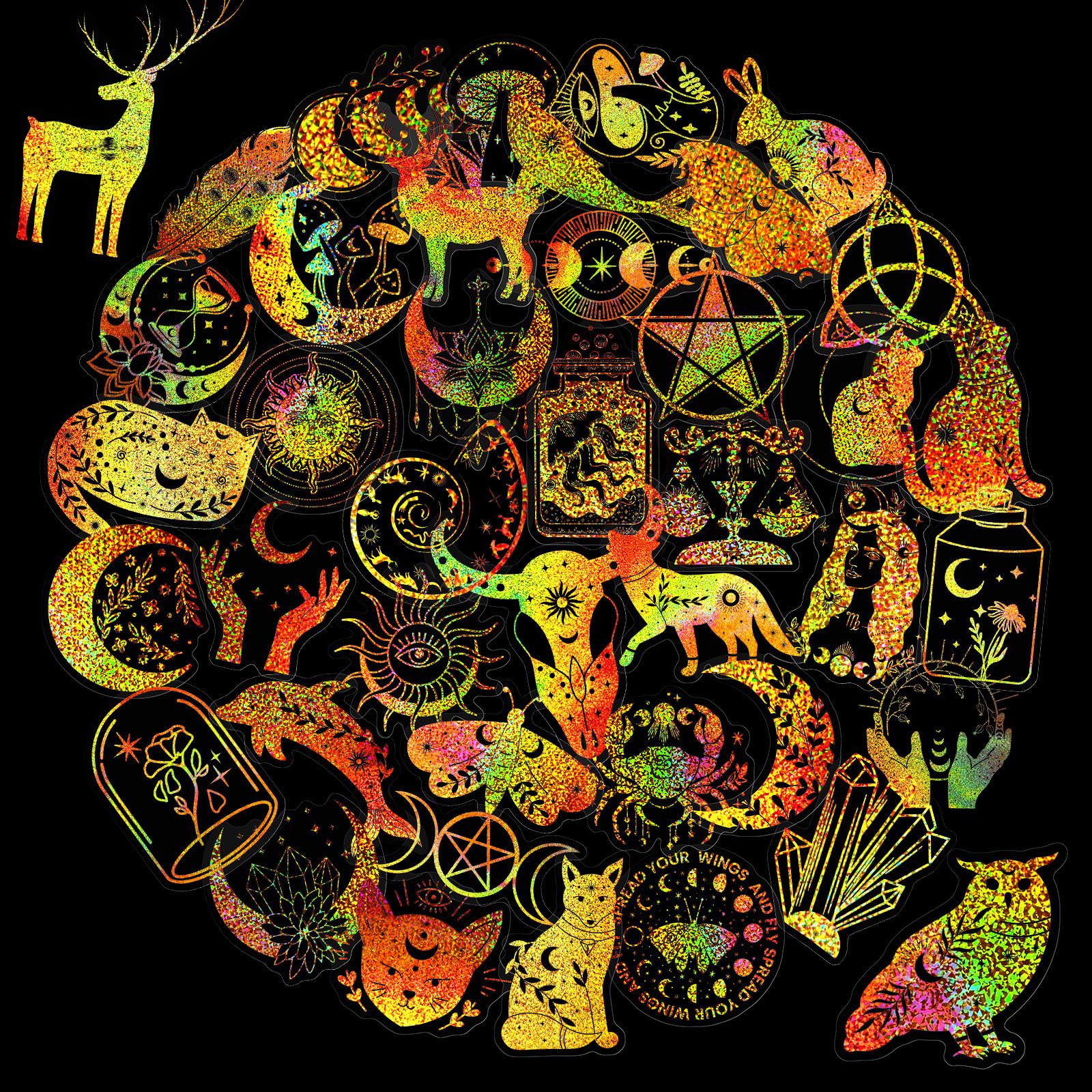 Yoksas 100Pcs Golden Holographic Glitter Magical Astrology Witch Stickers - Transparent Shiny Witchy Stickers for Scrapbooking,Water Bottles,Laptops,