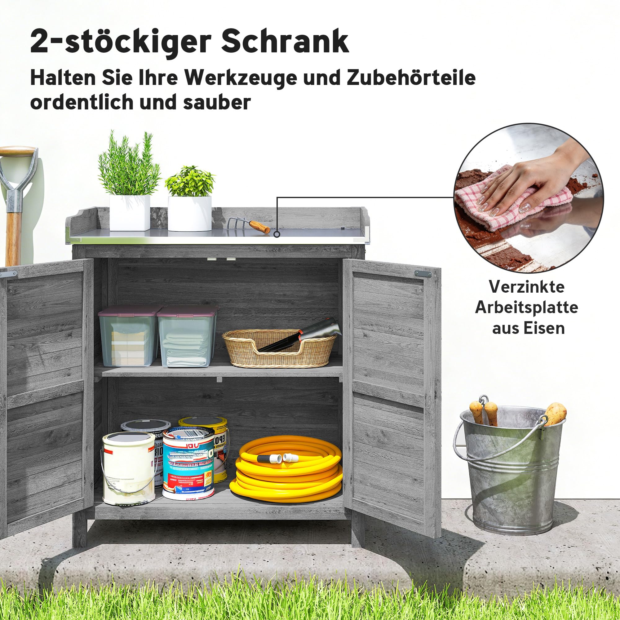 Outsunny Gartenschrank mit Pflanztisch, Holz Geräteschuppen, verzinkter Arbeitsplatte, wetterfest, 83 x 40 x 92cm Grau