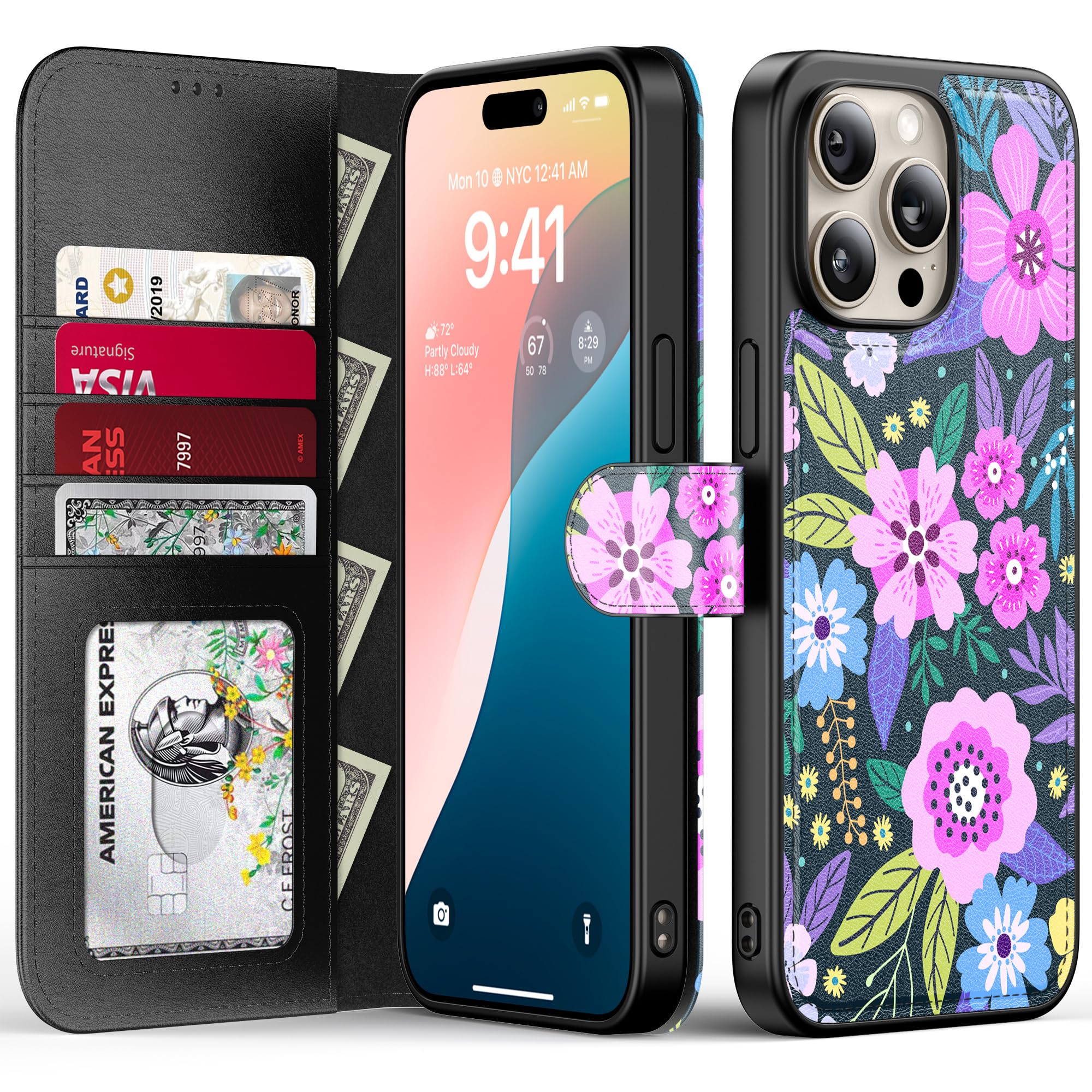 FUNMIKO for iPhone 14 Pro Max Case Wallet,Detachable Flip Folio Leather Cover,RFID Blocking 4 Card Slots Holder,Magnetic Kickstand,Protective Phone