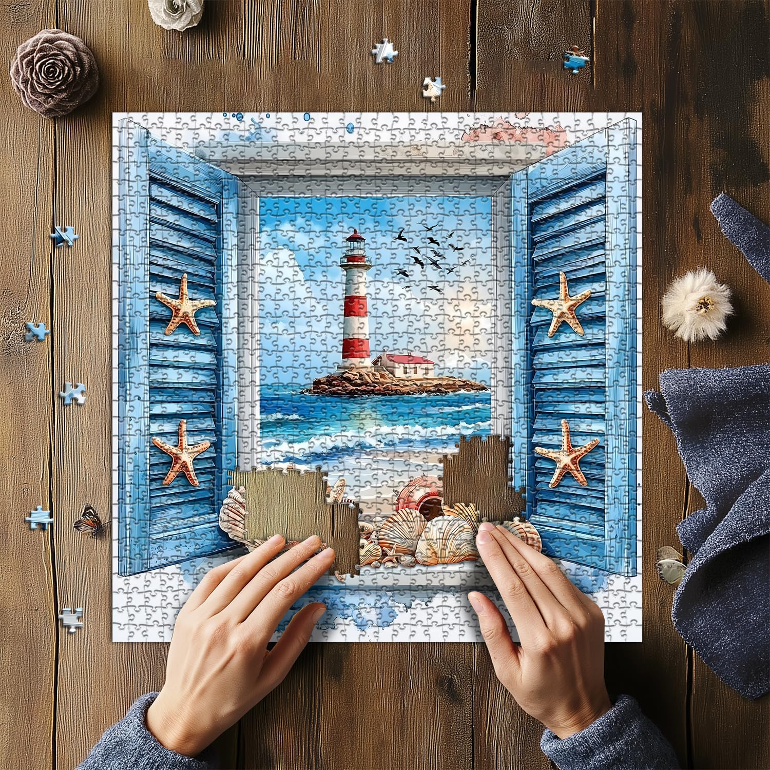 PICKFORU Beach Puzzles for Adults 1000 Pieces, 3D Window Art Lighthouse Puzzles Seashell, Unique Ocean Jigsaw Puzzles 1000 Pieces Painting, Nature Challenge for Adults - Image 5