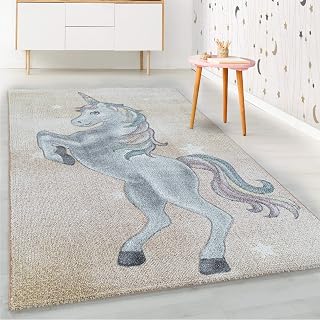 HomebyHome Alfombra para niños Pila Corta Diseño de Estrella de Unicornio Habitación de los niños de los bebés Suave Rectangular Redondo Amarillo, Color:Amarillo, Tamaño:160x230 cm