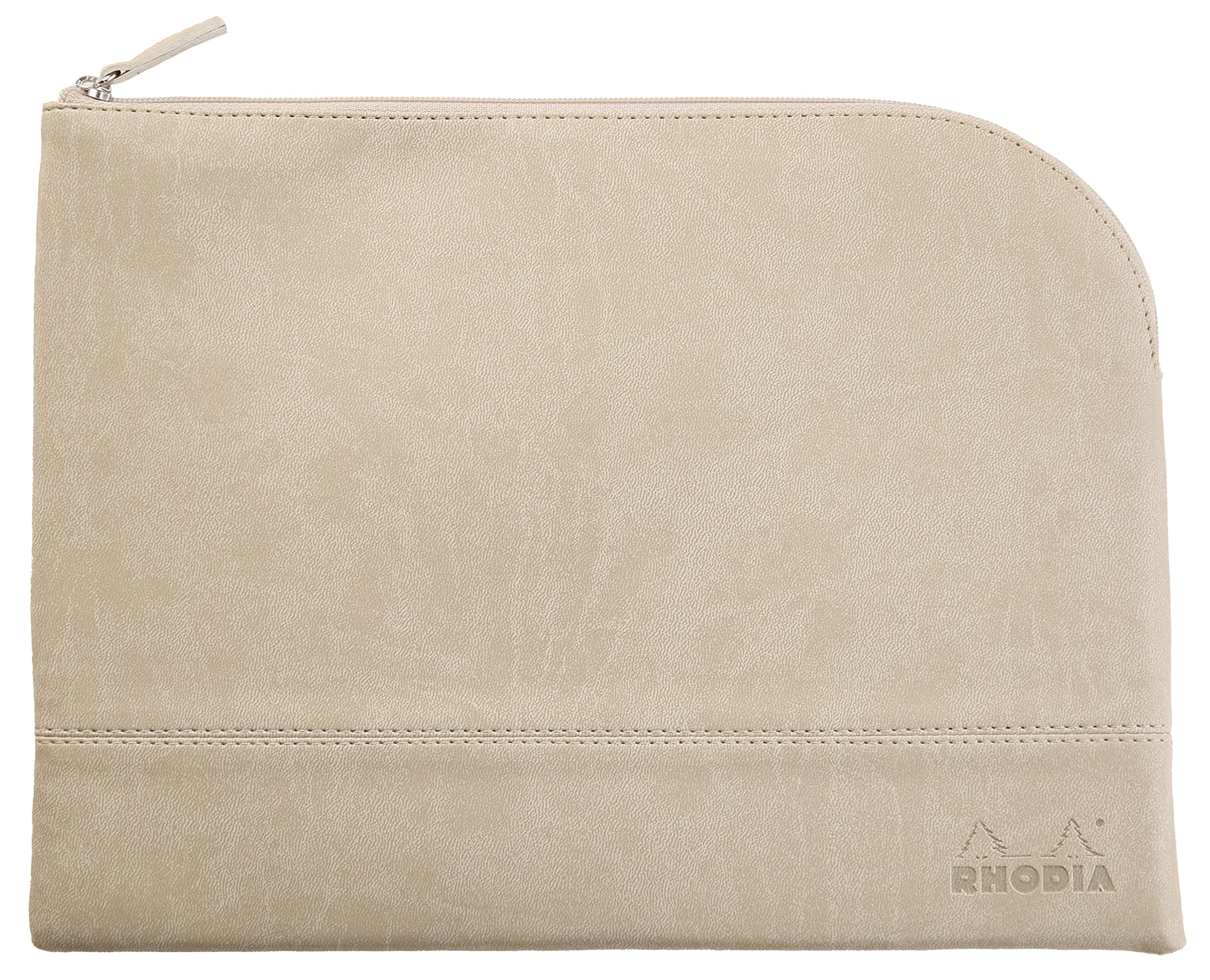 RHODIA 116726C - Faux Leather Zipped Pouch - Beige - Size L (21 x 28 cm) - Genuine stitching - Orange Fabric Inside - Storage for Documents, Small Supplies