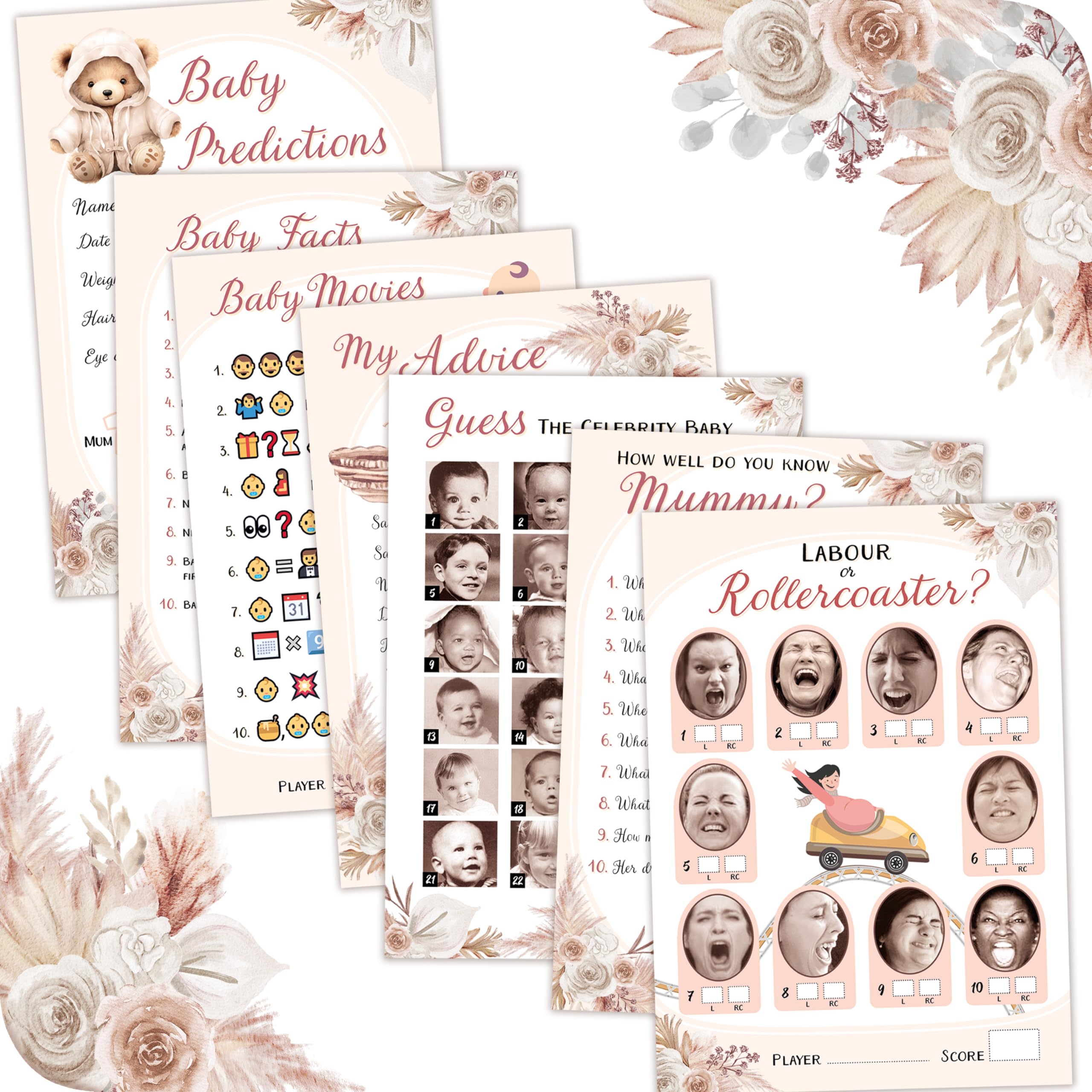 Baby Shower Games (7 Fun Games for 12 Guests), Baby Predictions, Guess The Celebrity, Labour or Rollercoaster