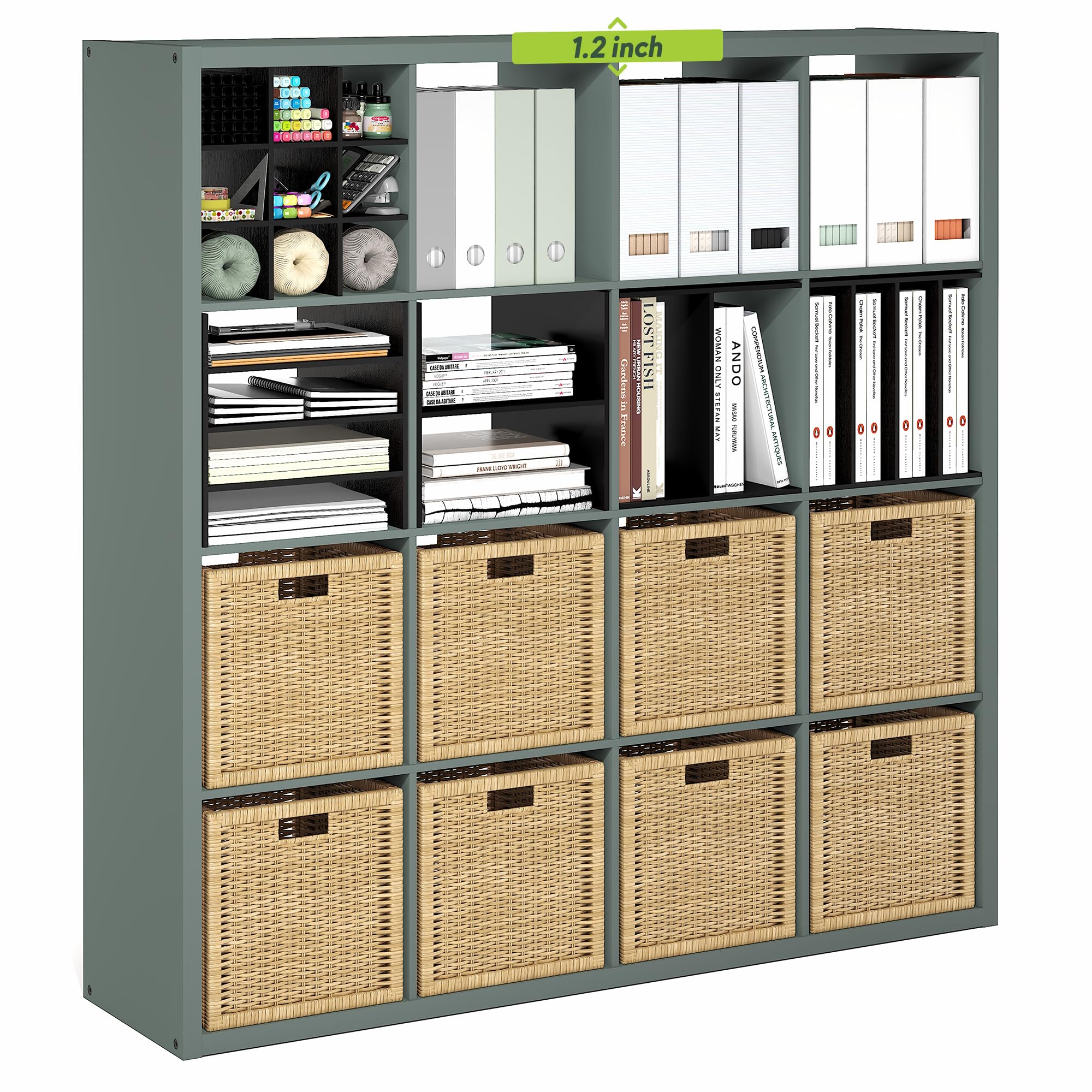 Photo 1 of LOOSE HARDWARE, MISSING PIECES********Furinno Cubicle Book Shelf, 16-Cube Bookshelf, Extra Thick Frame Reversible Bookcase with Open Back, 14.6" x 58" x 58", for Living Room, Bedroom, Home Office, Sage Green