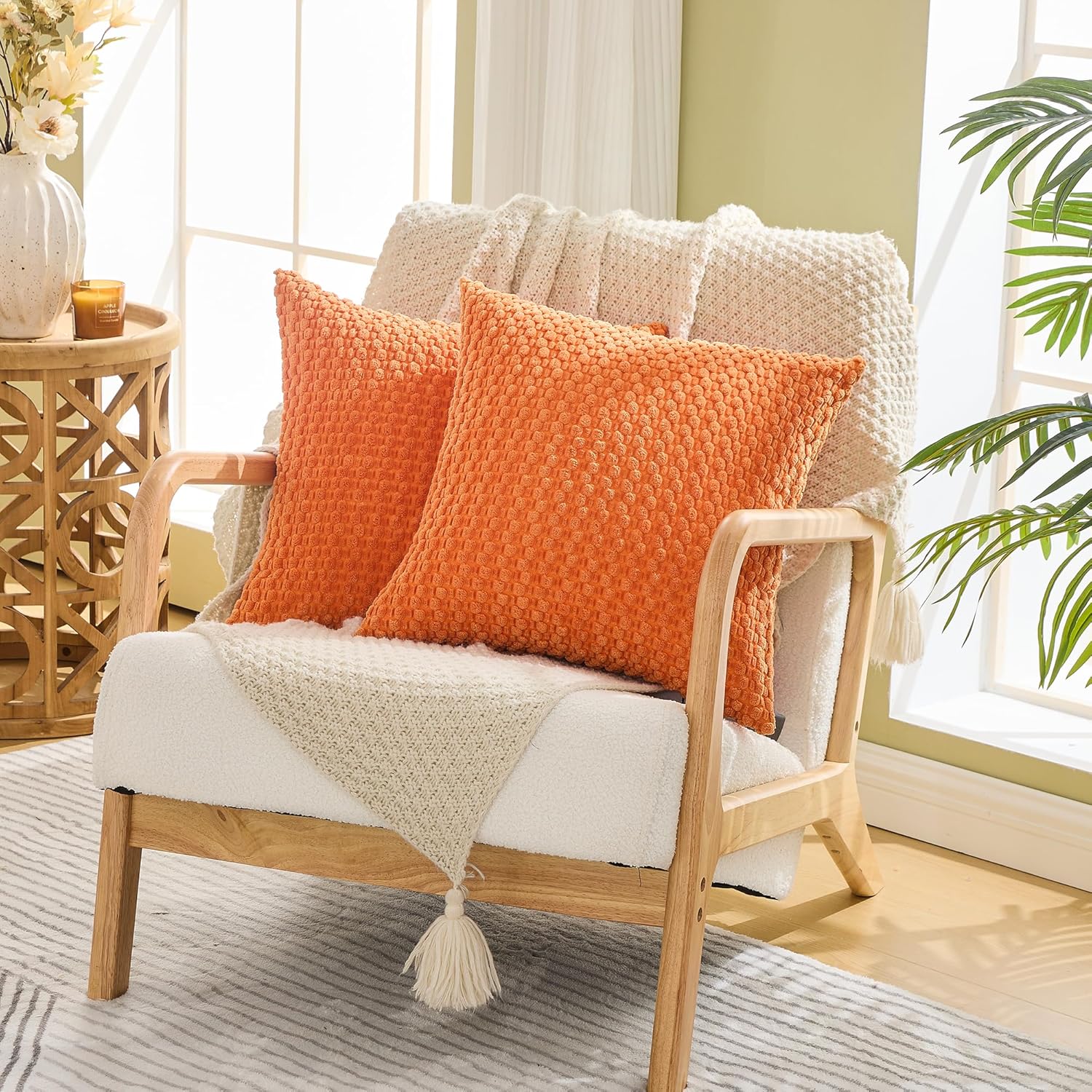 GAWAMAY Decorative Throw Pillow Covers 26x26 Inch Set of 2 for Living Room Couch Bed Sofa, Farmhouse Square Cushion Cover Soft Striped Corduroy Pillow Cases Boho Home Decor (66x66cm) Bright Orange