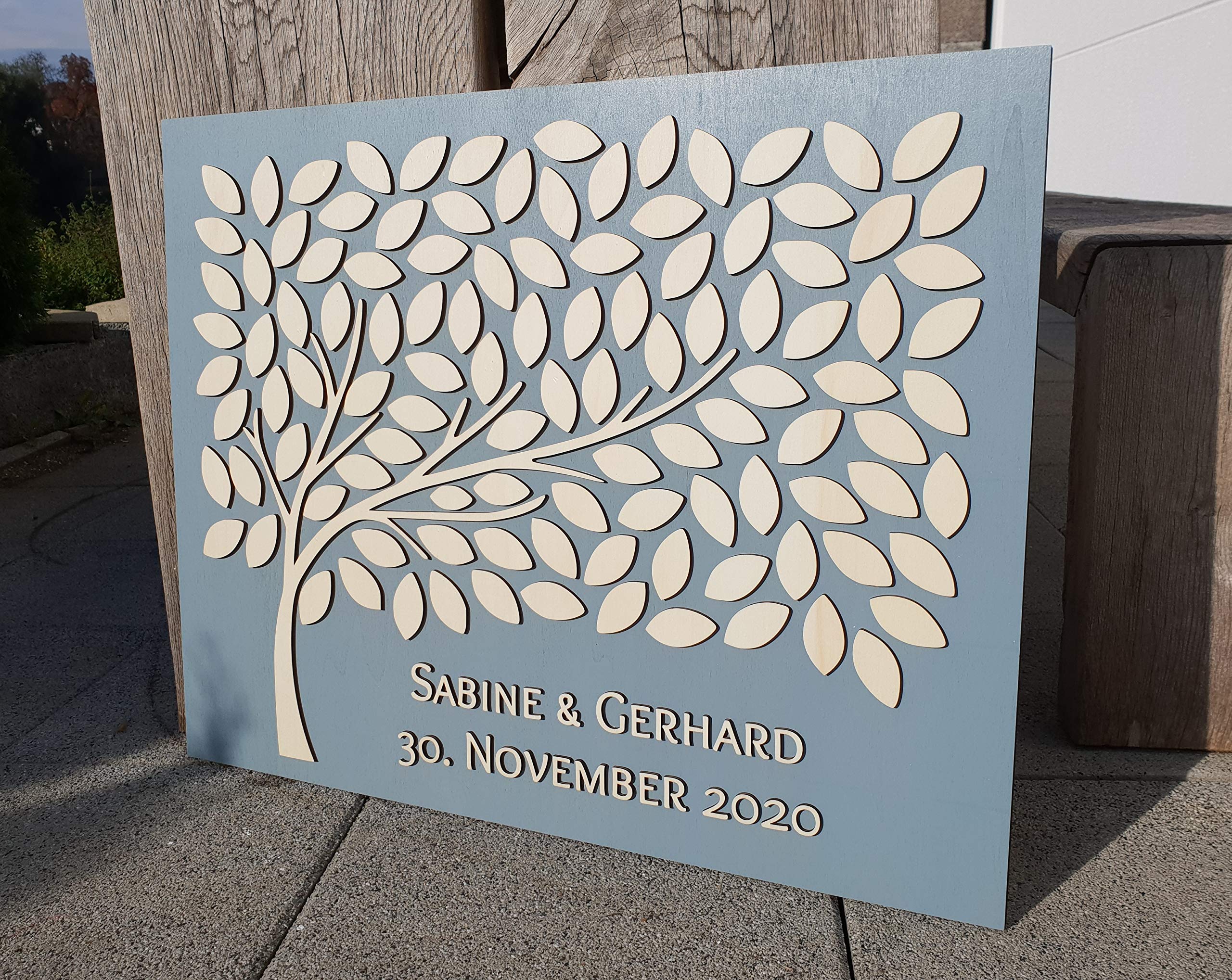 Manschin-Laserdesign Personalisiertes 3D Gästebuch aus echtem Holz - Baum - Gästebuch Alternative - (75x60cm, Grau)