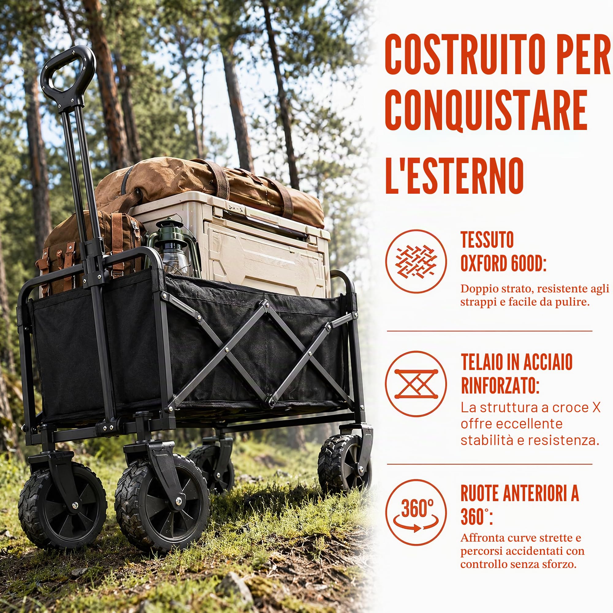 Carrello pieghevole resistente multiuso per esterni, portata 75 kg, carrello pieghevole con ruote per tutti i terreni e maniglia regolabile, per spiaggia, giardino, campeggio, shopping, veloce
