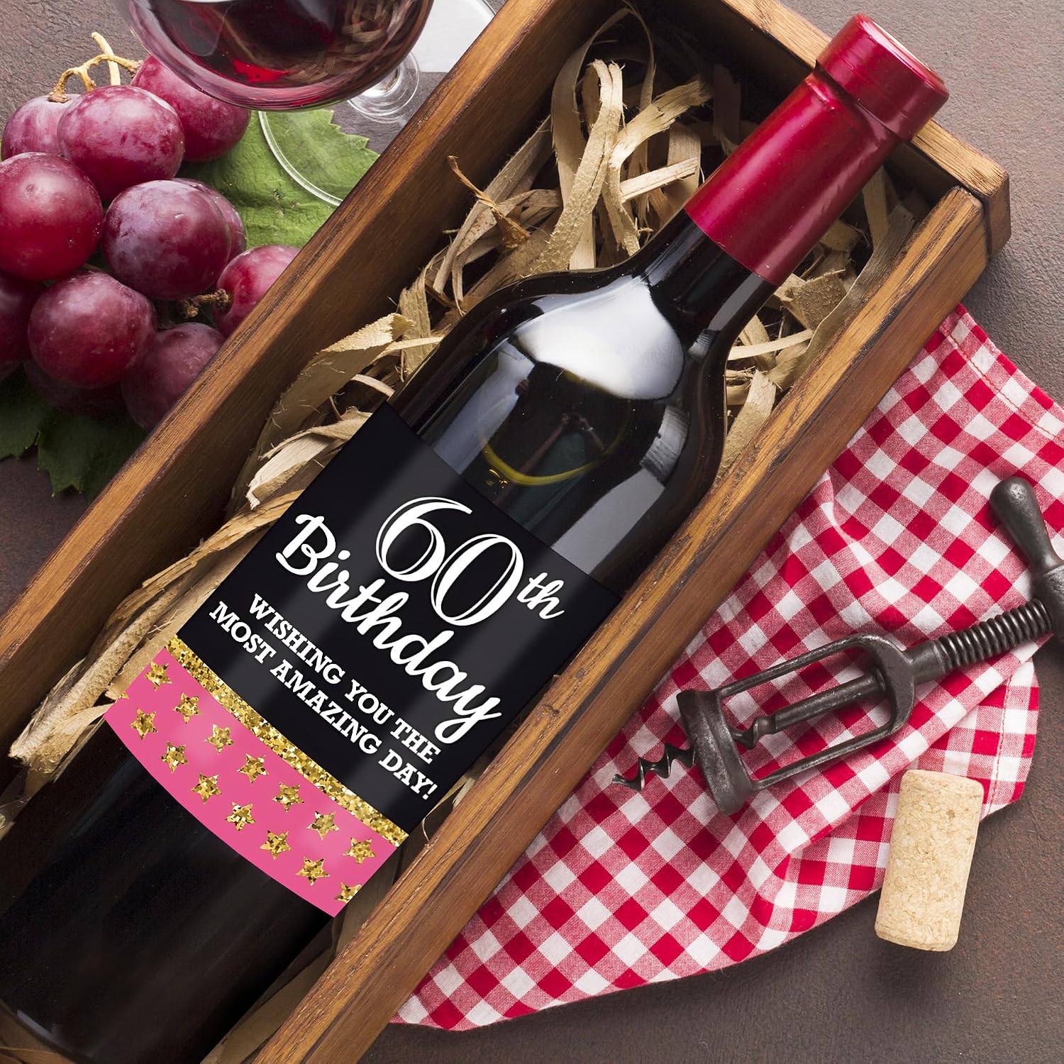 12 Pieces 60th Birthday Wine Bottle Labels Personalized Custom Wine Labels Stickers 60th Birthday Party Decorations Waterproof Wine Labels Sticker Black Gold Pink 60th Birthday Gifts for Women