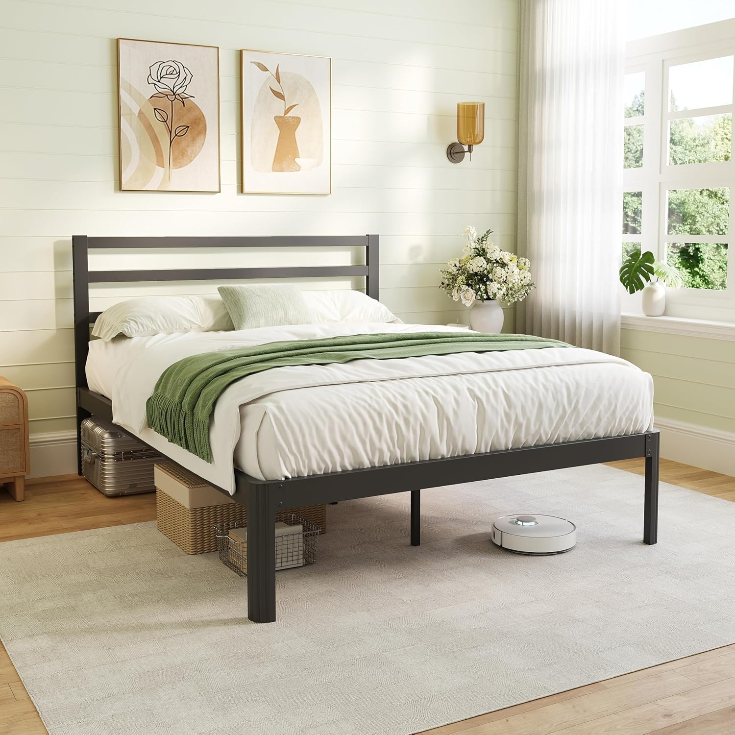 ZIYOO 14 Inch Cal-King Size Metal Platform Bed Frame with Modern Iron-Art Headboard Modern Iron Platform Bed Frame Support Up to 1500 LB No Box Spring Needed Noise-Free, Easy Assembly Black