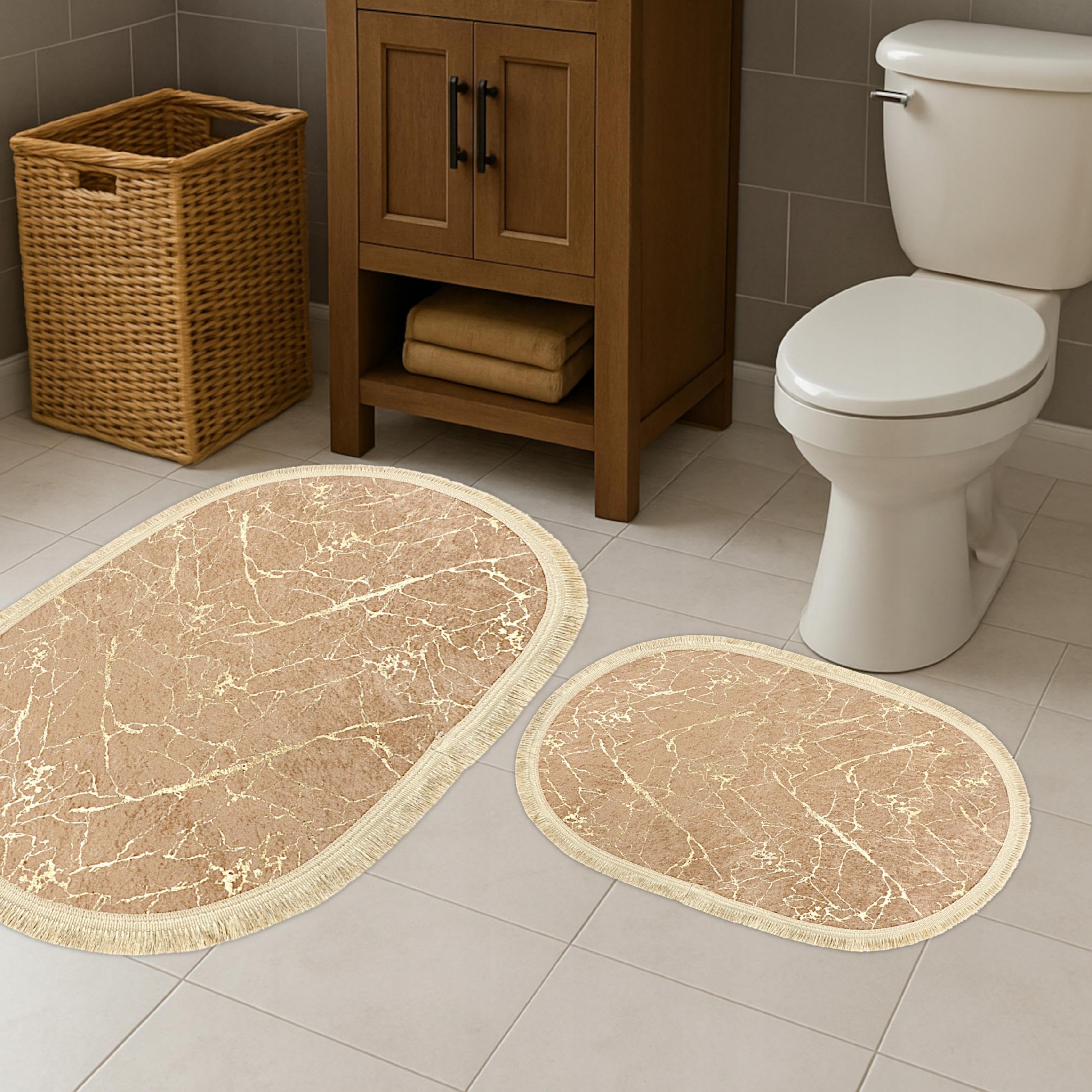 Badteppich Set 2-TLG. Bronze-Gold – Oval 4 mm rutschfest & Weich, Badematte für Badezimmer Teppich 60x100 cm & 50x60 cm - Ideal für Fußbodenheizung - Maschinenwaschbar