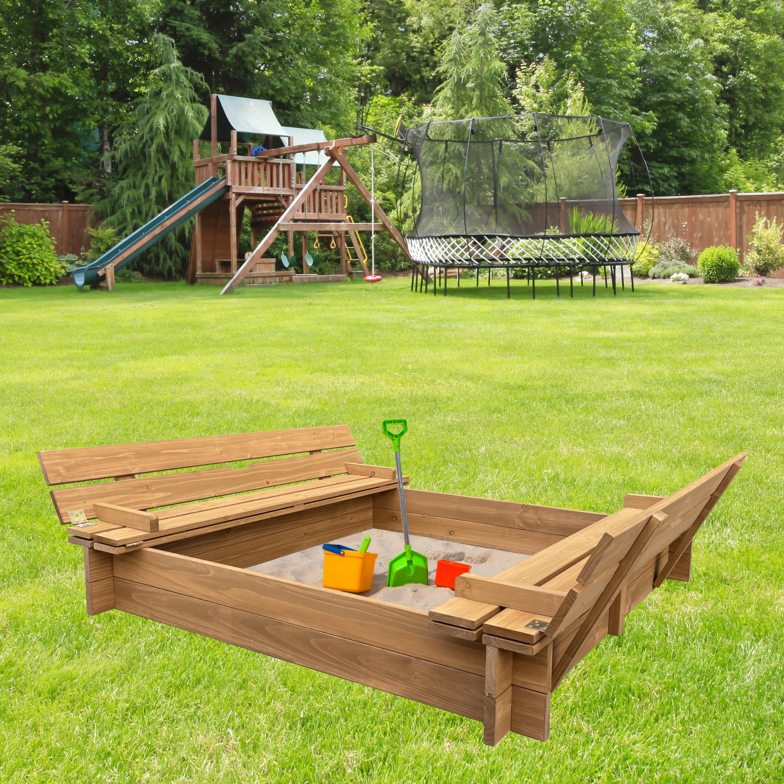 BTExpert Kids Large Wooden Sandbox 47x47 Outdoor Play Sandpit for Backyard Foldable Bench Seats Sand Protection Liner