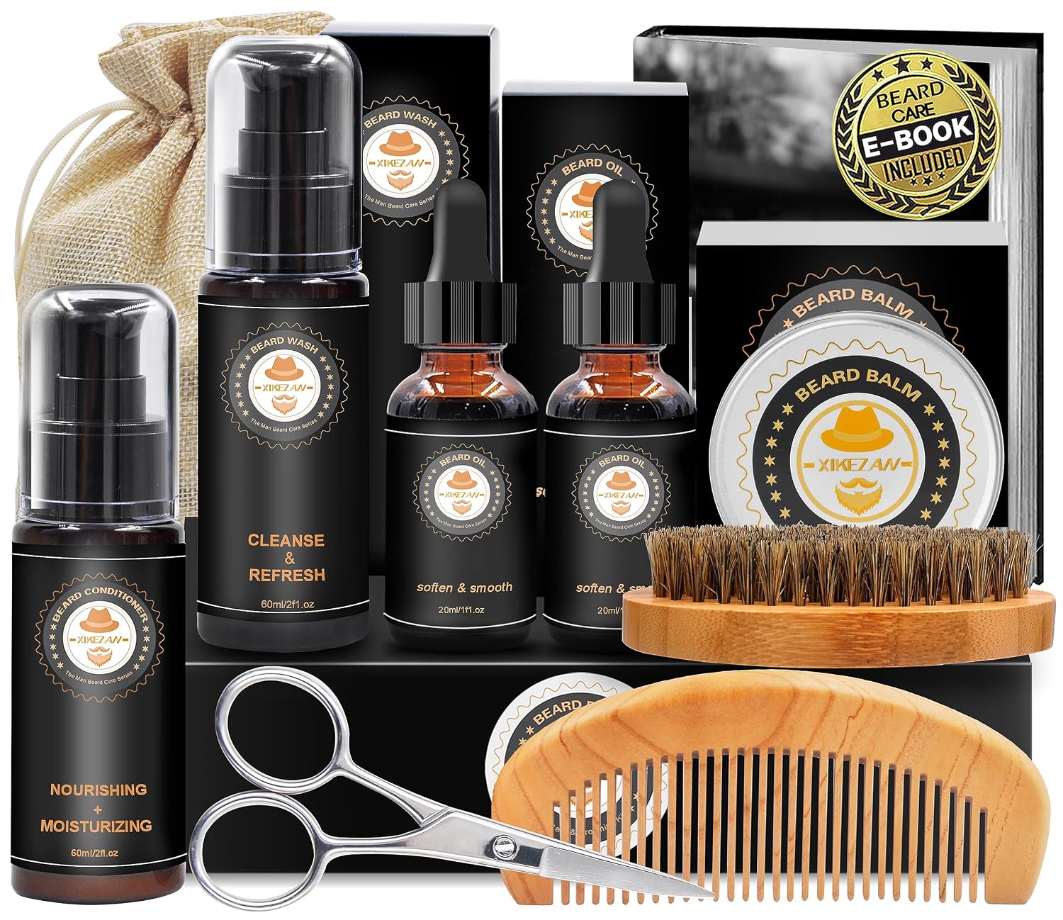XIKEZAN Upgraded Beard Grooming Kit w/Beard Conditioner,Beard Oil,Beard Balm,Beard Brush,Beard Shampoo/Wash,Beard Comb,Beard Scissors,Storage Bag,Beard E-Book,Beard Growth Care Gifts for Men